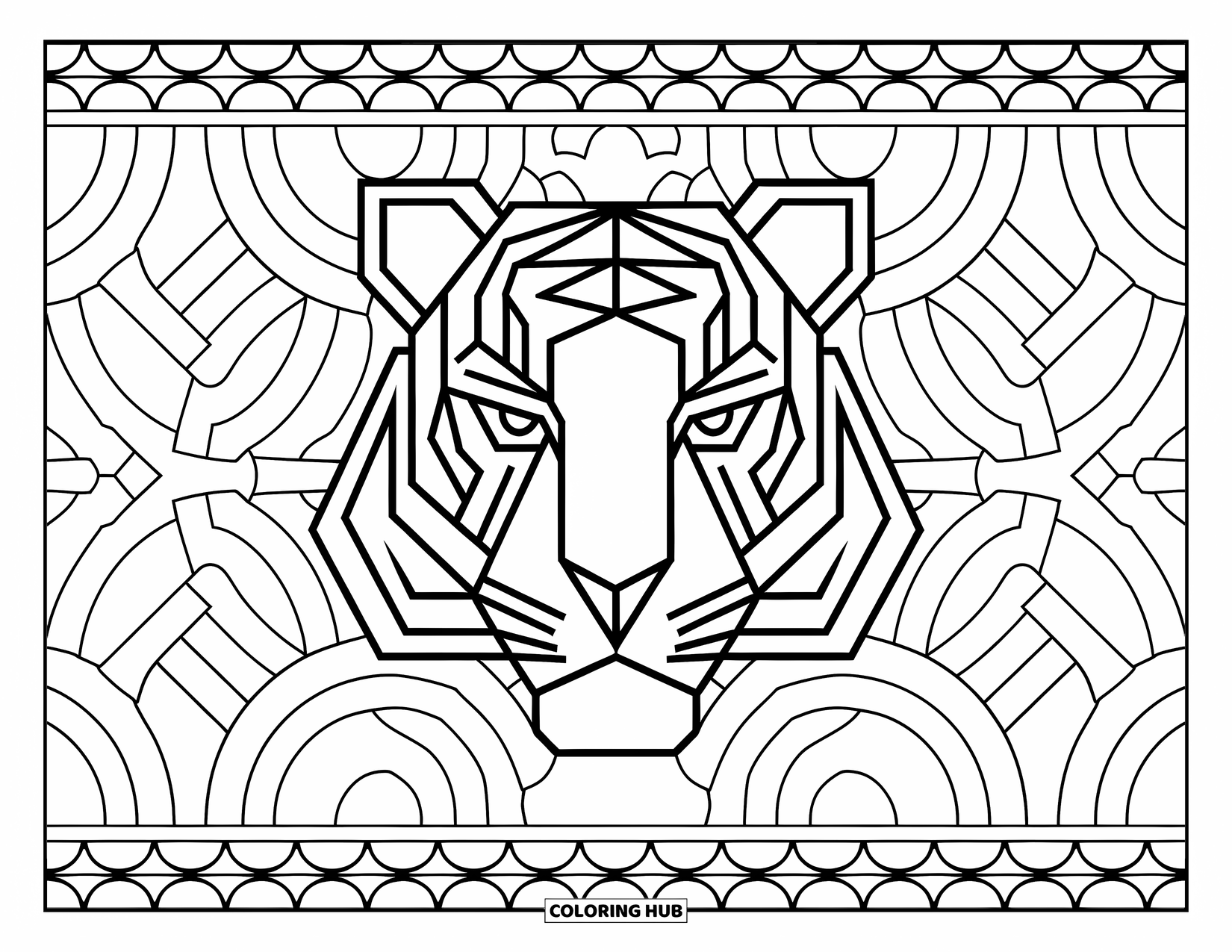 Disegno da colorare di una tigre per adulti: Un volto di tigre stilizzato con motivi geometrici nitidi, circondato da motivi circolari decorativi