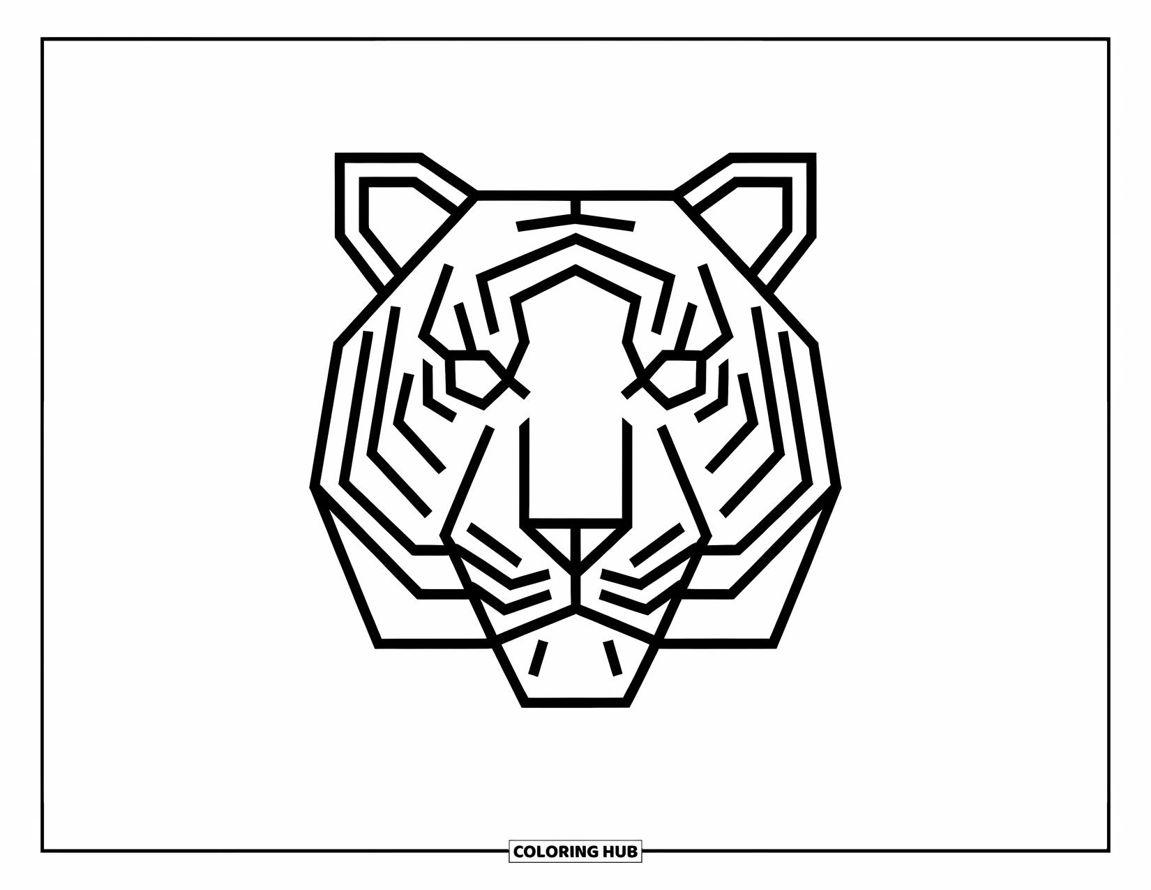 Disegno da colorare di una tigre per adulti: Un volto simmetrico di tigre con linee geometriche pulite, su uno sfondo astratto a motivi