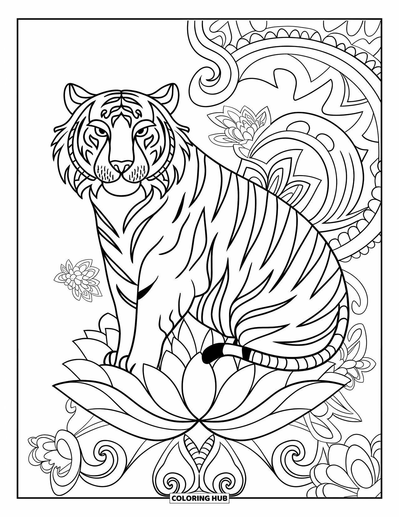 Disegno da colorare di una tigre per adulti: Un'illustrazione simmetrica di una tigre, incorniciata da motivi floreali mandala e delicate linee sinuose