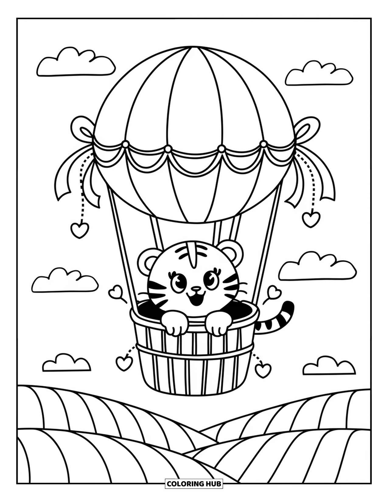 Disegno di tigre da colorare per adulti: Un cucciolo di tigre che guarda oltre il cesto di una mongolfiera, librandosi sopra dolci colline e nuvole alla deriva