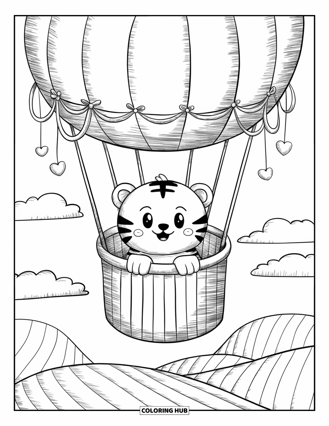 Disegno di tigre da colorare per adulti: Un cucciolo di tigre seduto all'interno di una mongolfiera a strisce, che sbircia eccitato oltre il cesto