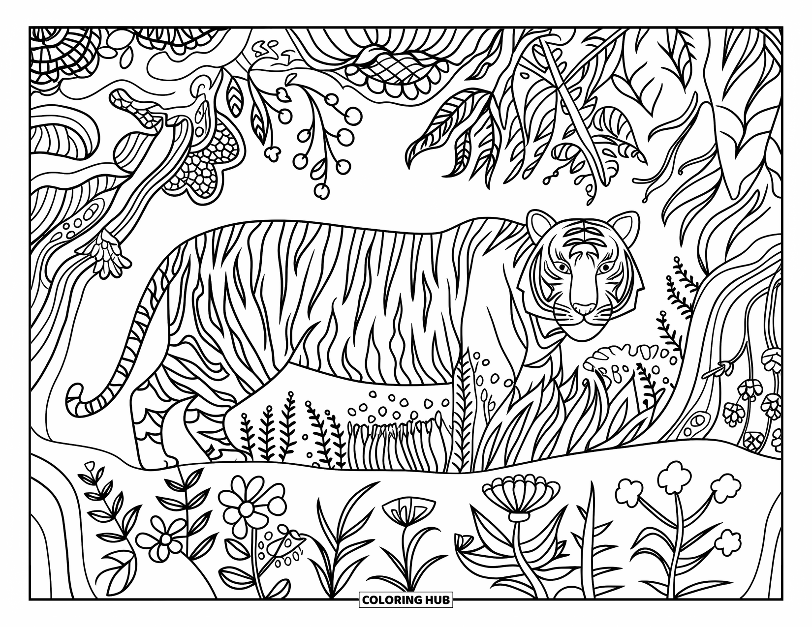 Disegno da colorare di una tigre per adulti: Una tigre nascosta tra il fogliame della giungla, circondata da fiori esotici e viti tortuose