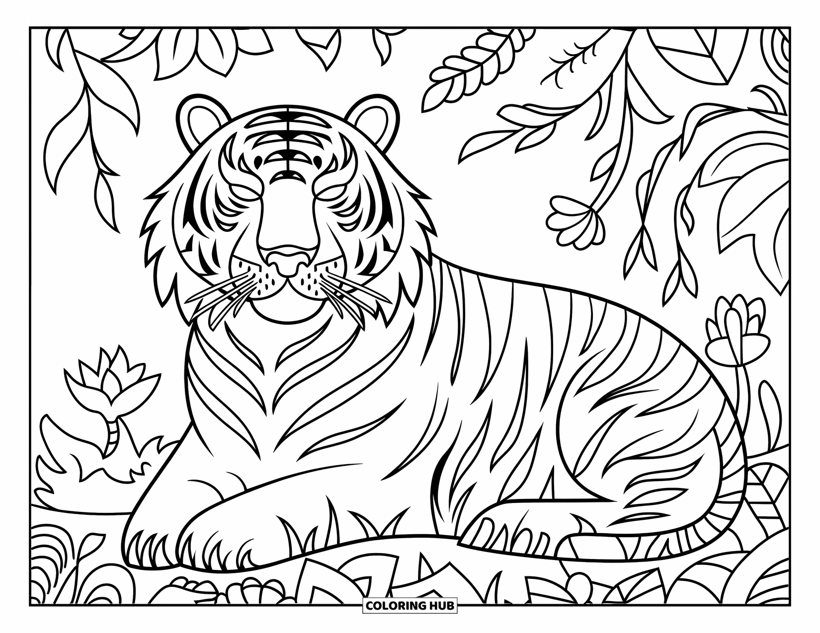 Disegno da colorare di una tigre per adulti: Una tigre sdraiata tra rigogliose liane e fiori della giungla, mimetizzata nel fogliame dettagliato