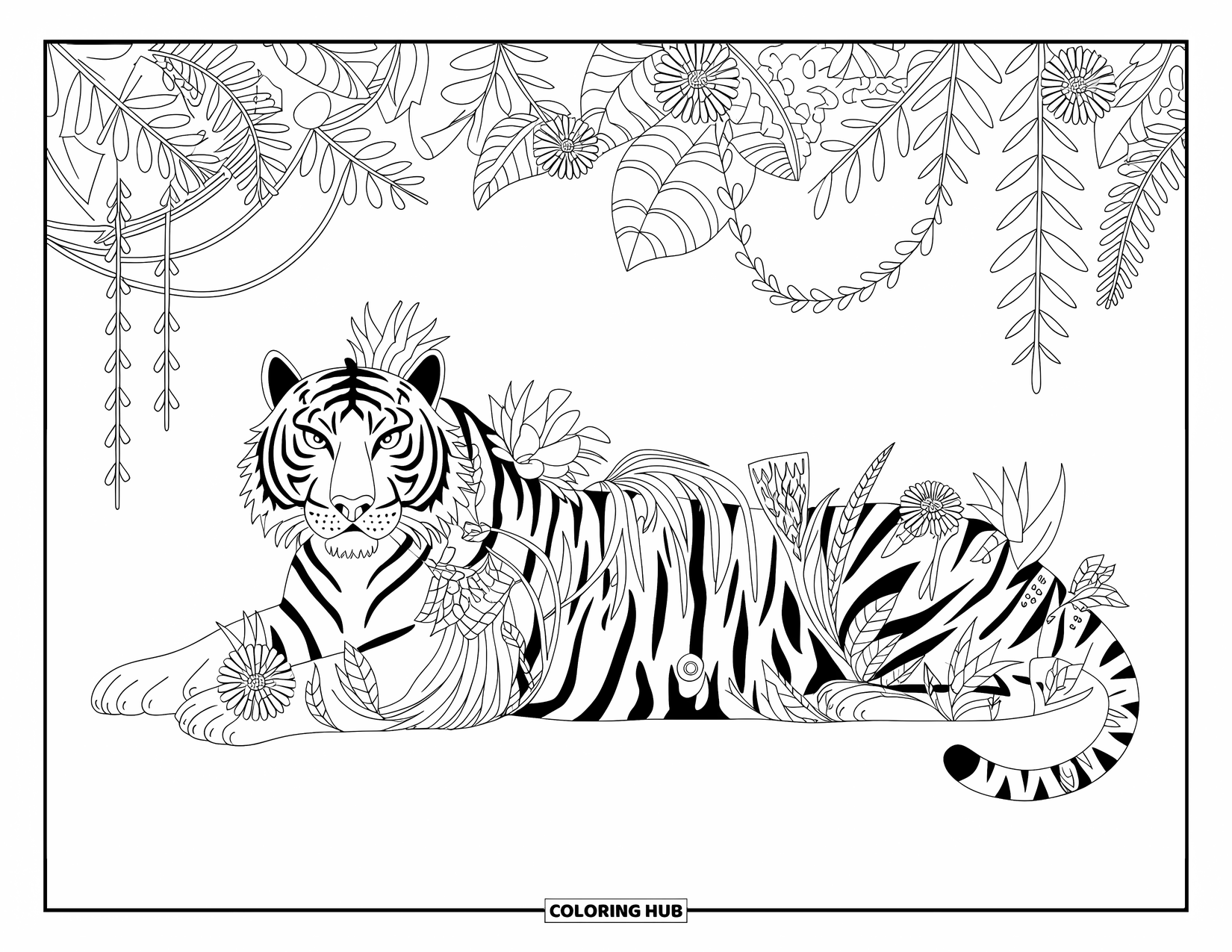 Disegno da colorare di una tigre per adulti: Una tigre immersa in una giungla, il suo corpo intrecciato con viti e fiori esotici