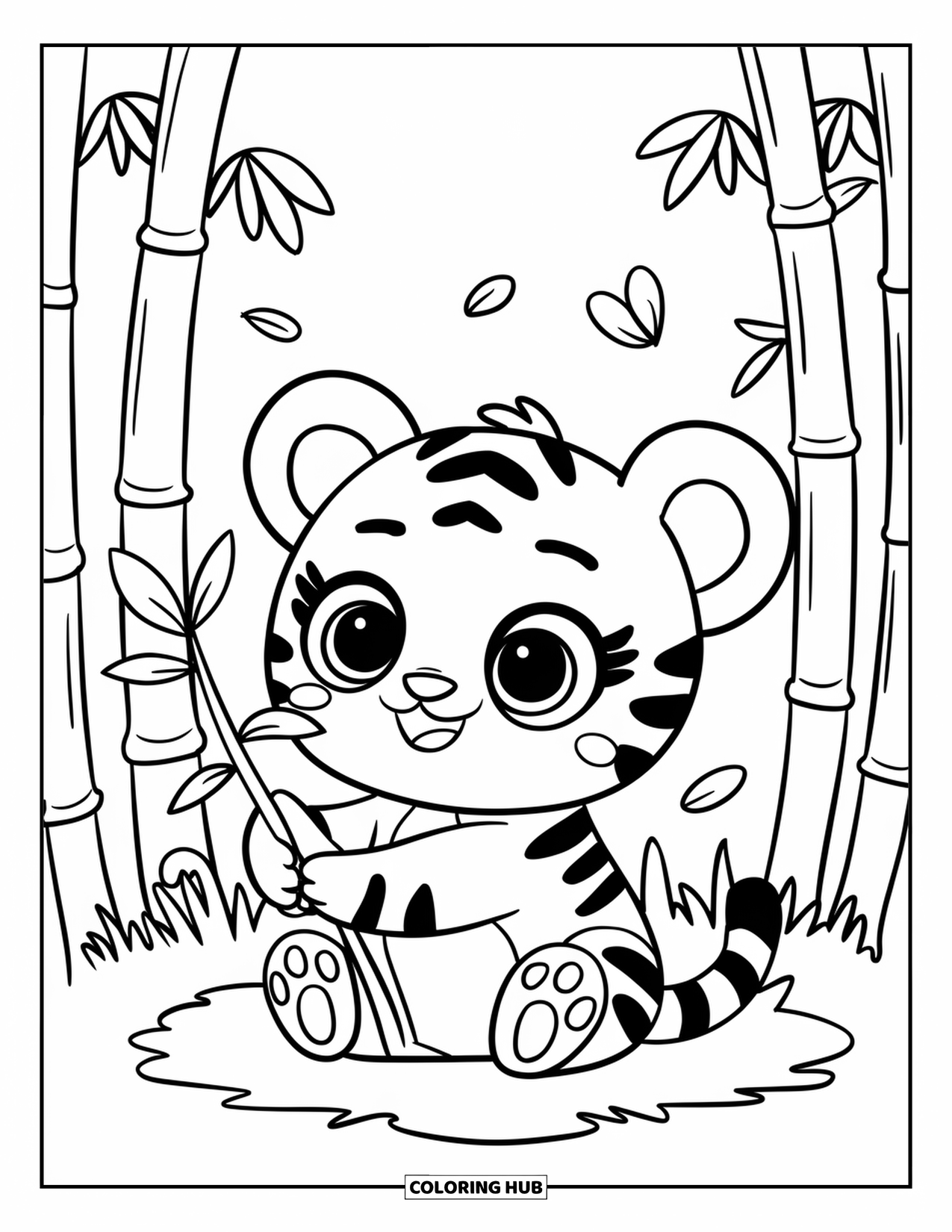 Disegno di tigre da colorare per adulti: Un minuscolo cucciolo di tigre seduto nell'erba, che tiene un germoglio di bambù con occhi spalancati e scintillanti