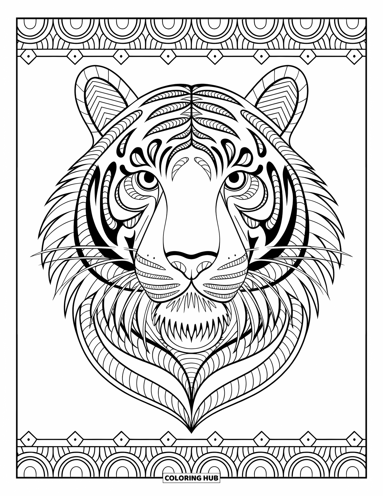 Disegno di tigre da colorare per adulti: Una testa di tigre in stile Zentangle con ipnotici motivi simmetrici e intricati dettagli artistici