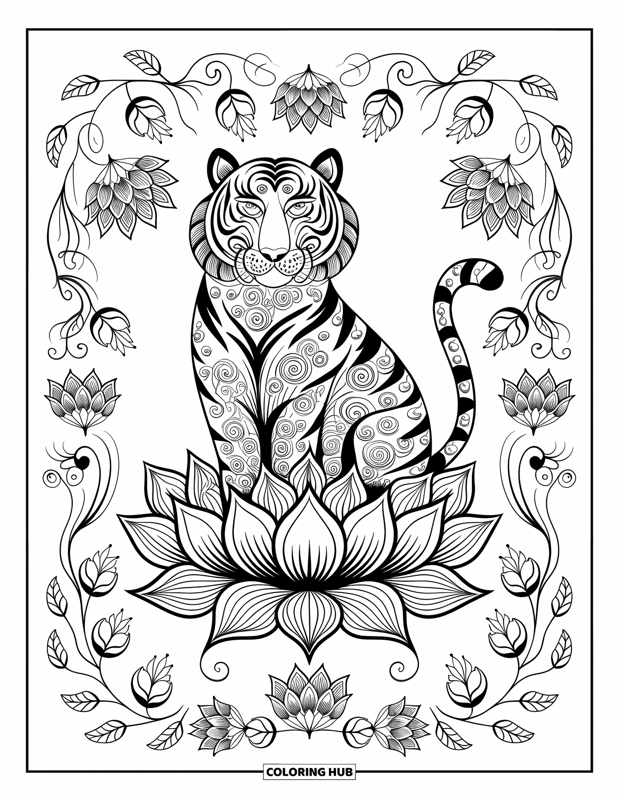 Disegno da colorare di una tigre per adulti: Una tigre con motivi intricati appoggiata su un loto, circondata da viti e disegni floreali