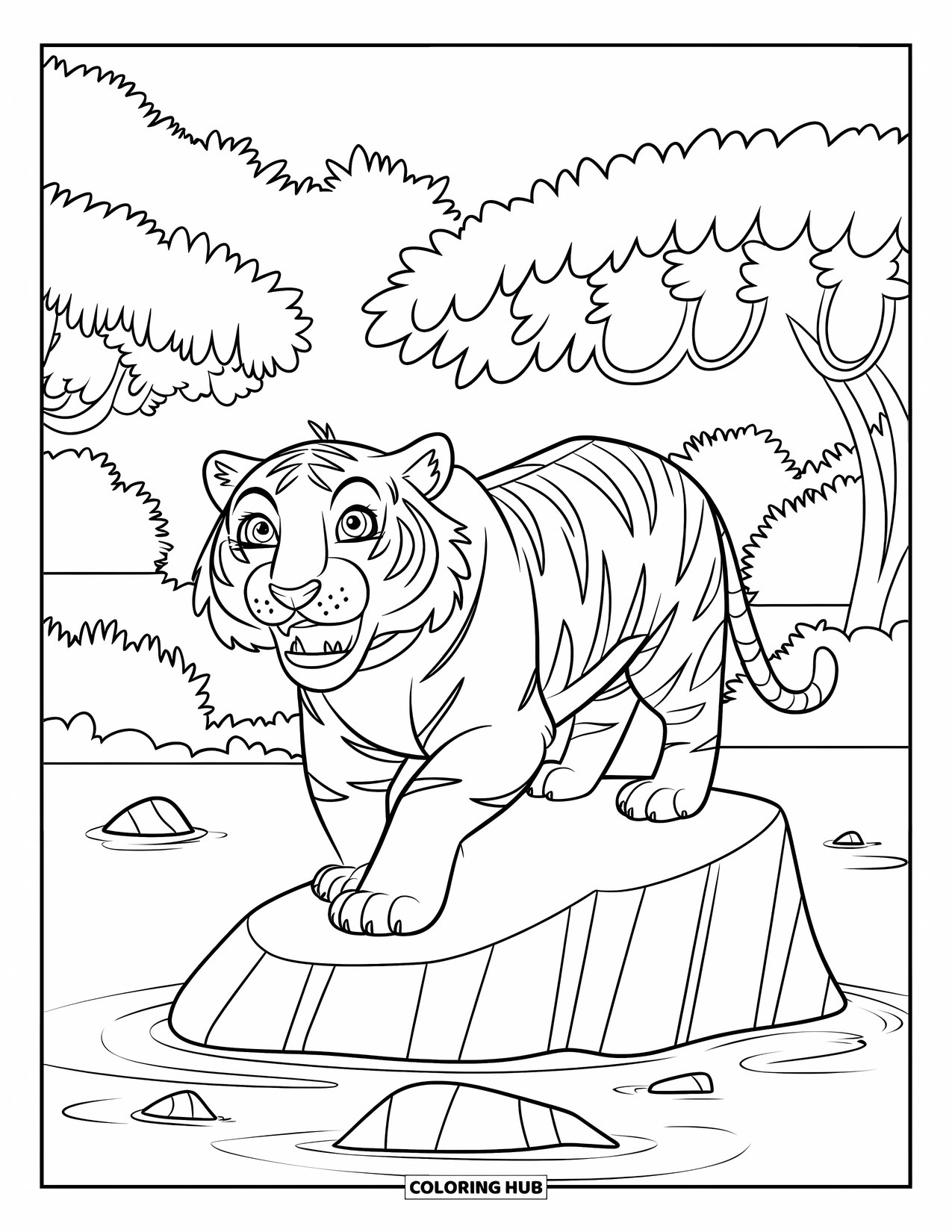 Disegno di tigre da colorare per bambini: Una tigre audace in piedi su una roccia, che ruggisce sulla giungla con una cascata in lontananza