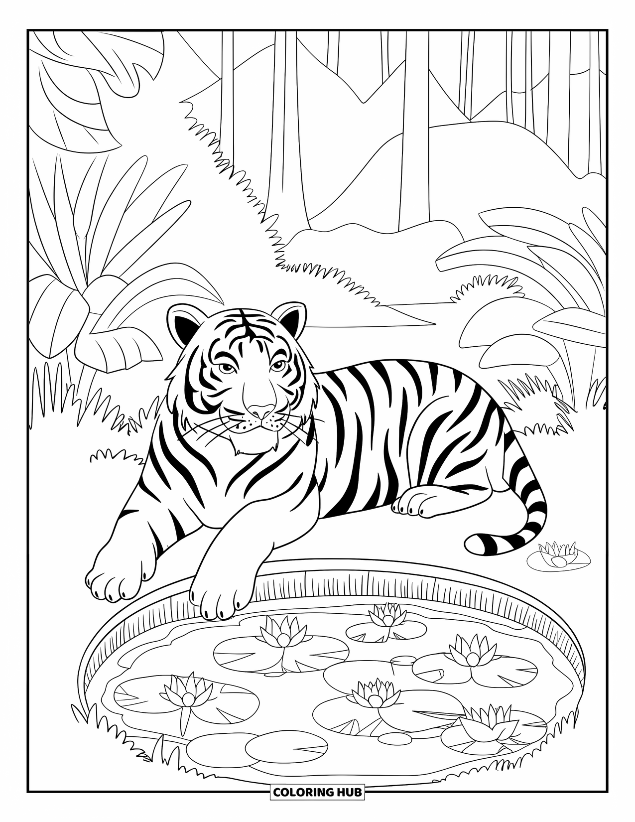 Disegno di tigre da colorare per bambini: Una tigre calma sdraiata vicino a uno stagno, circondata da piante lussureggianti e onde delicate
