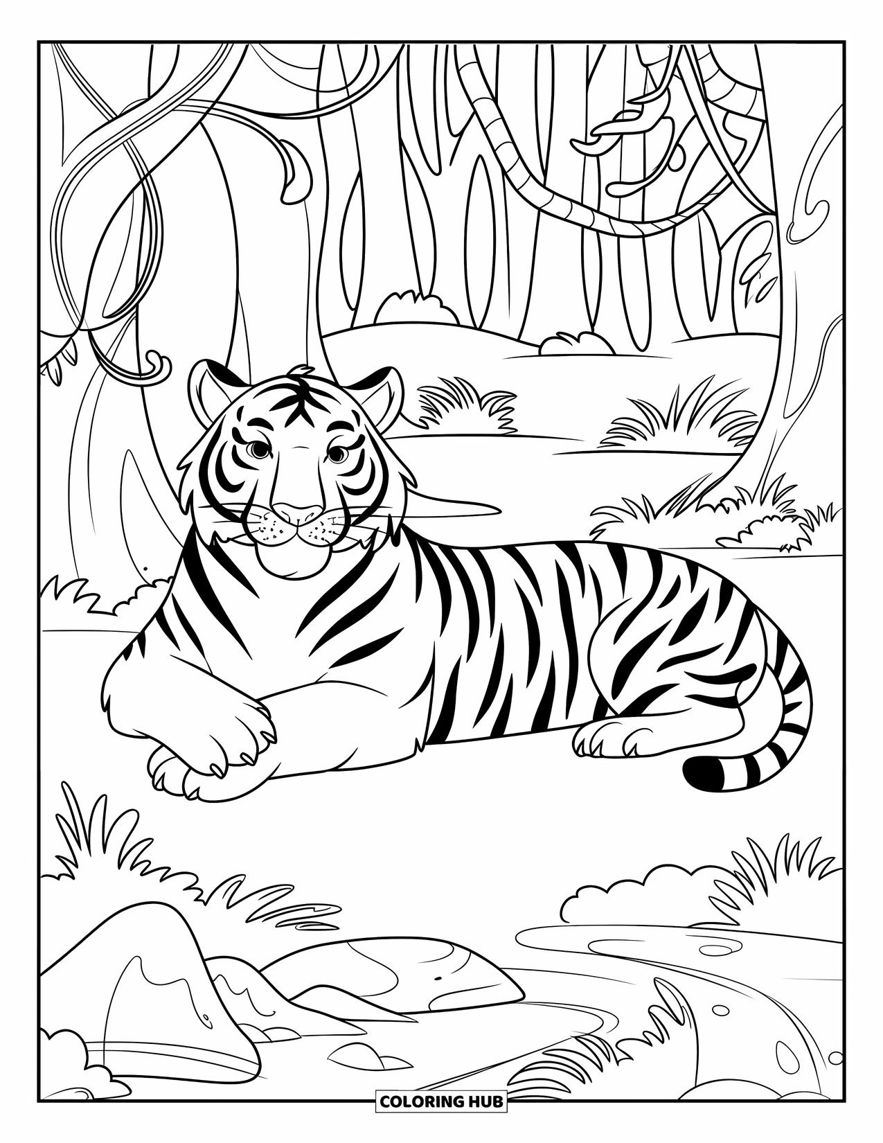 Disegno di tigre da colorare per bambini: Una tigre calma che riposa nella giungla, con la coda che si muove mentre l'acqua scorre accanto