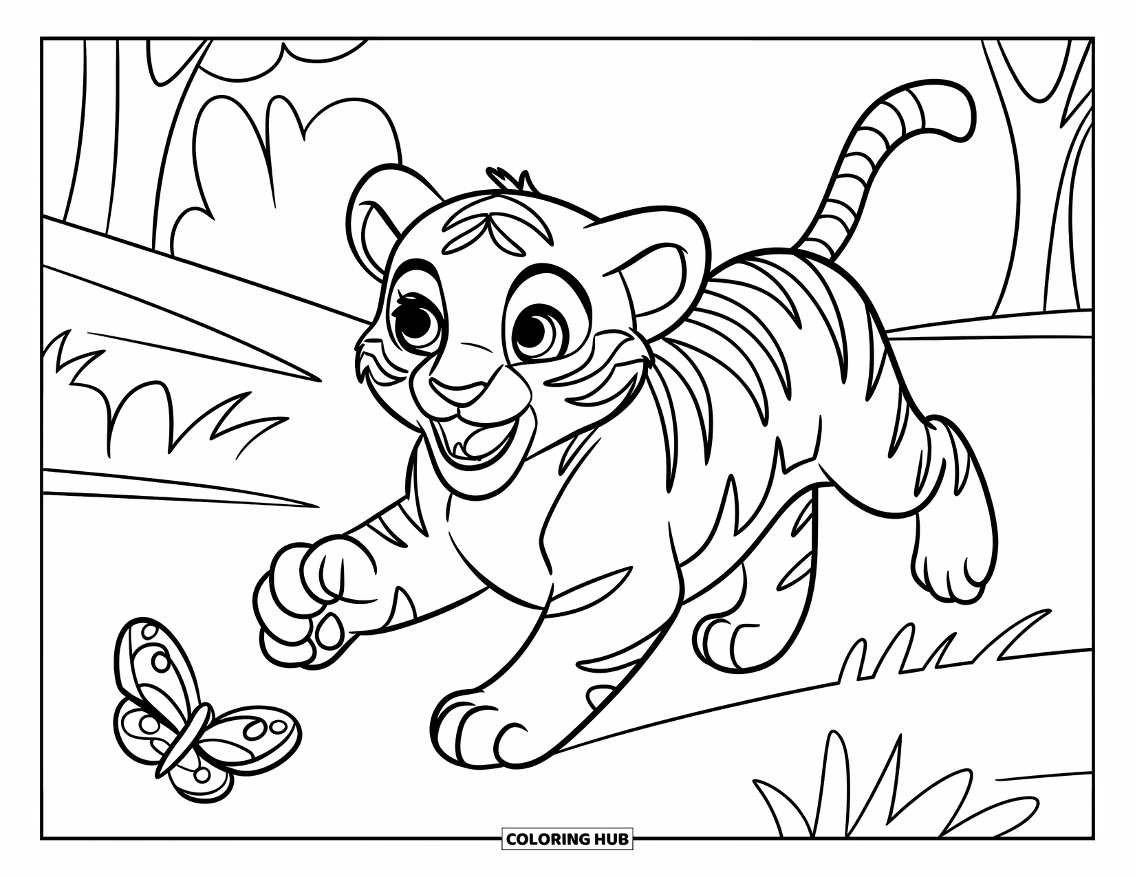 Disegno di tigre da colorare per bambini: Un allegro cucciolo di tigre che corre dietro a una farfalla, con alcuni alberi e colline dietro
