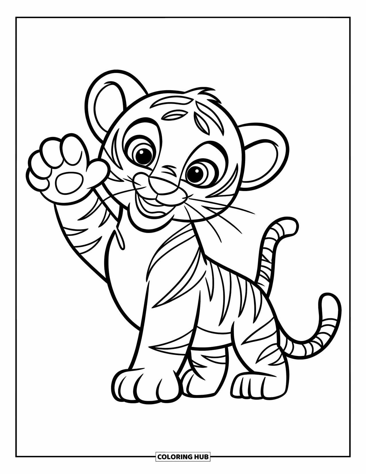 Disegno di tigre da colorare per bambini: Un allegro cucciolo di tigre che saluta con una zampa, disegnato con linee spesse e audaci per i bambini in età prescolare