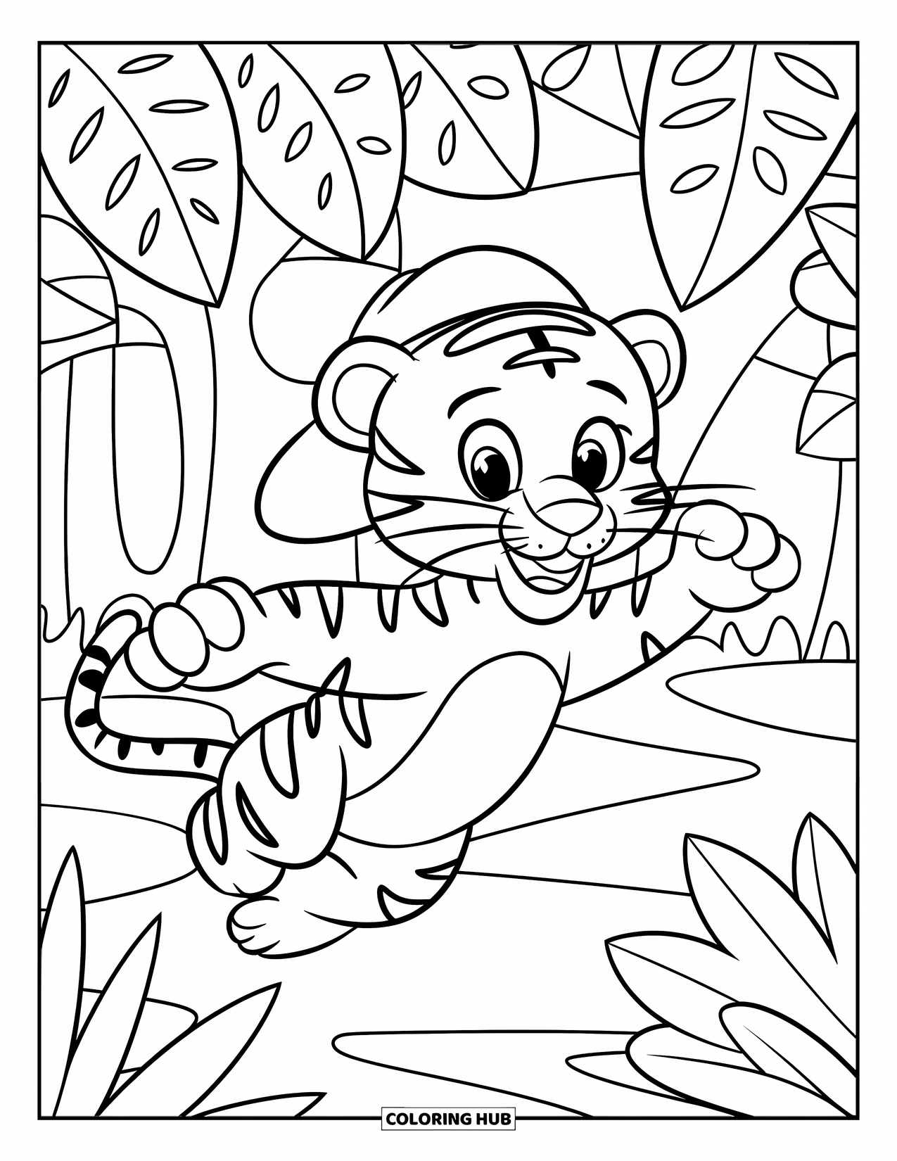 Disegno di tigre da colorare per bambini: Una tigre allegra che salta nella giungla, indossa un minuscolo cappello ed è circondata da uno scenario giocoso