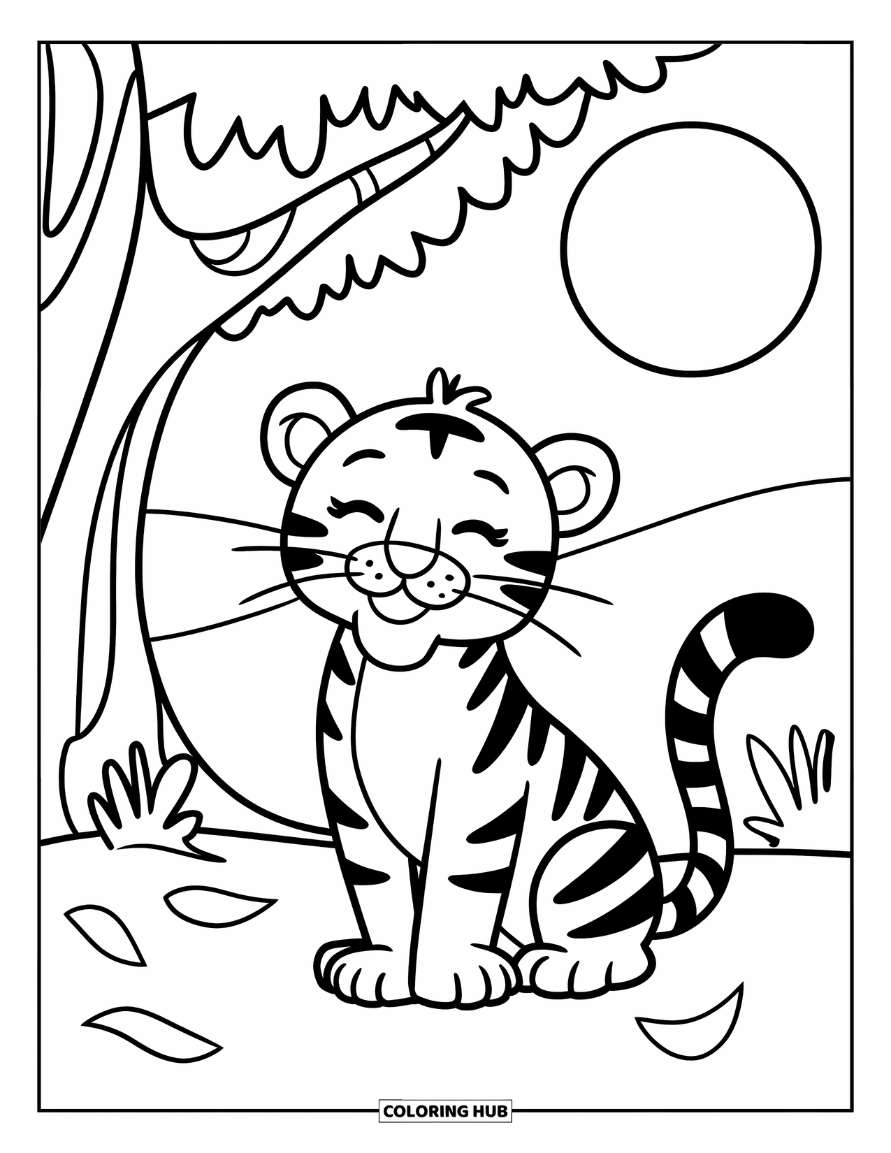 Disegno di tigre da colorare per bambini: Una tigre allegra che riposa sotto un albero, circondata da alcune foglie sparse sul terreno