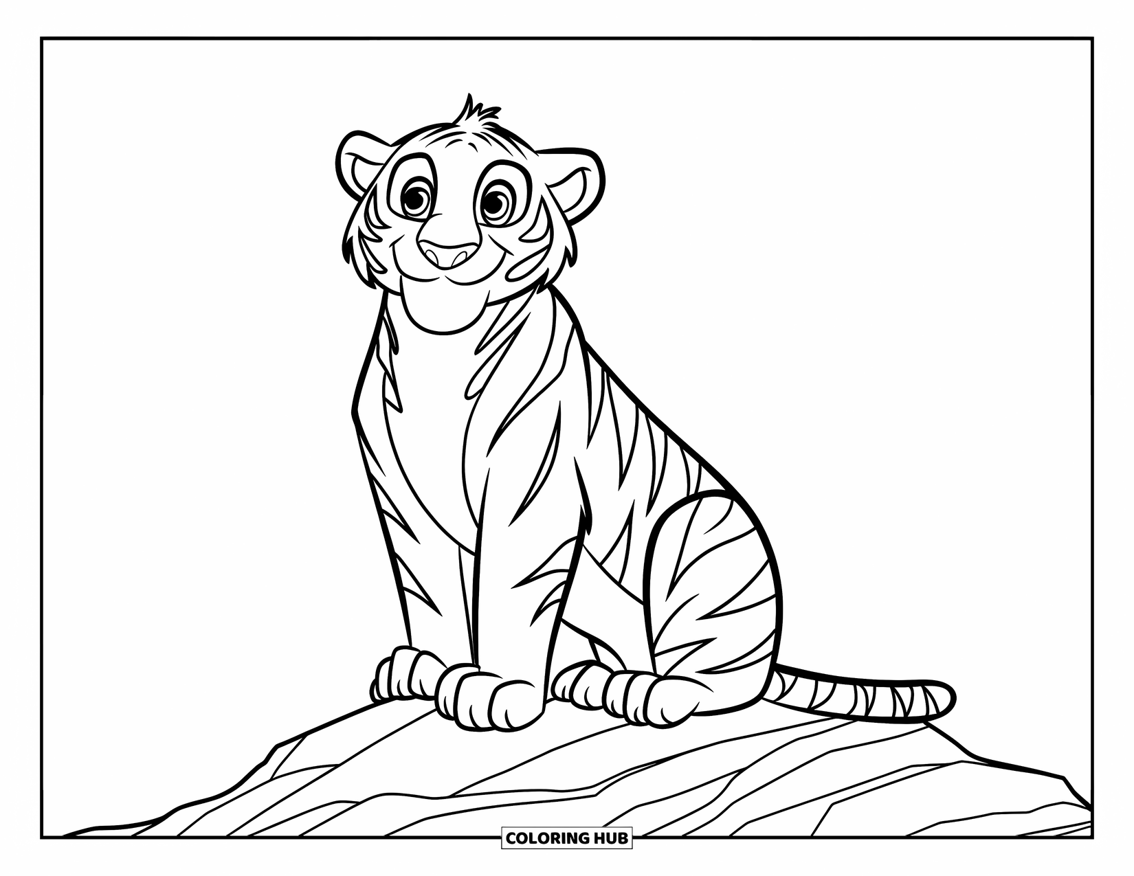 Disegno di tigre da colorare per bambini: Una tigre allegra seduta su una roccia, delineata con linee audaci per una divertente esperienza di colorazione