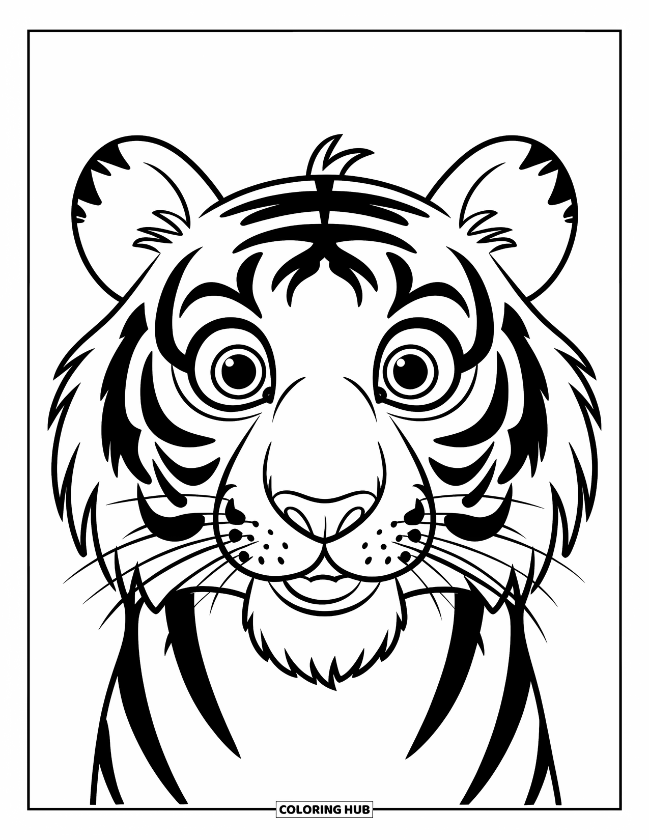 Disegno di tigre da colorare per bambini: Un primo piano del volto allegro di una tigre, con linee semplici e un'espressione giocosa
