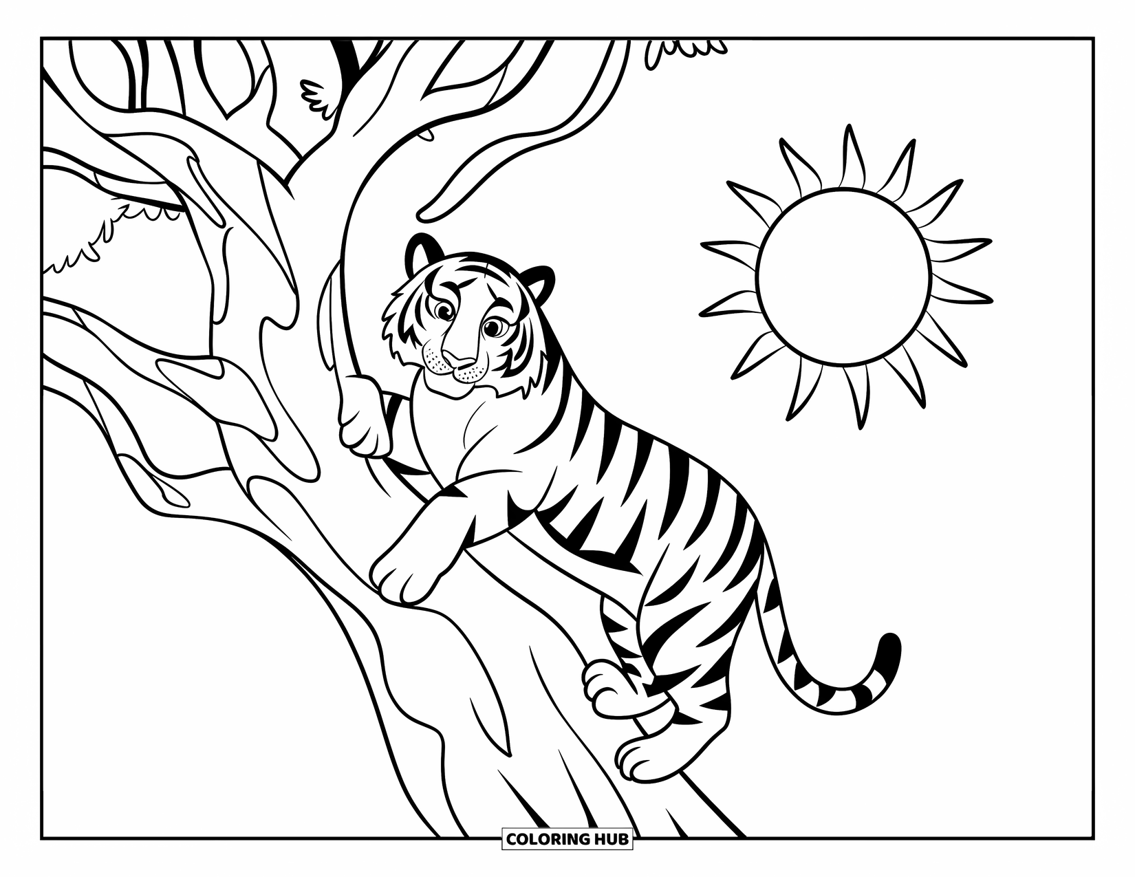 Disegno di tigre da colorare per bambini: Una tigre curiosa che si arrampica su un albero, con un sole sorridente che splende luminoso sullo sfondo