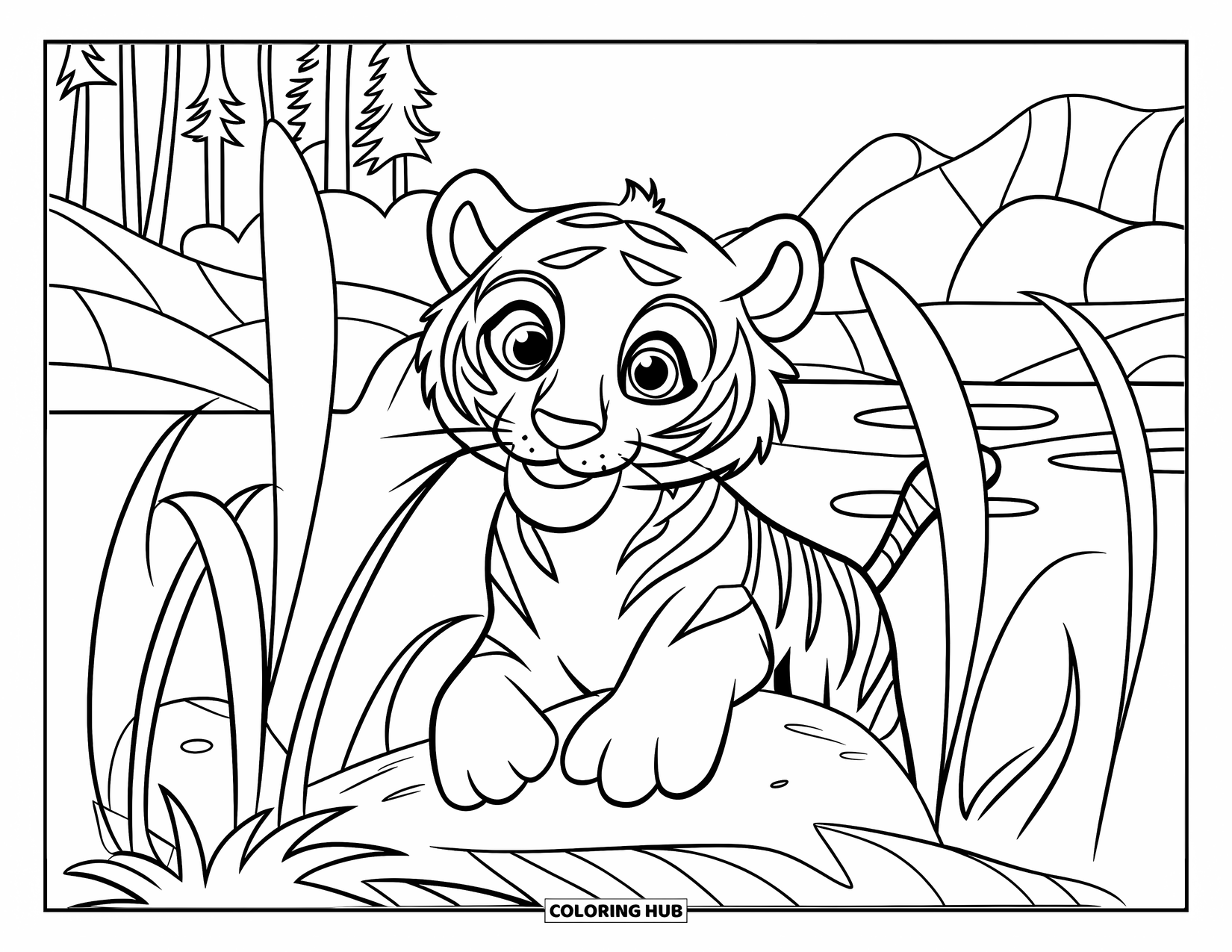 Disegno di tigre da colorare per bambini: Una tigre curiosa che sbircia attraverso l'erba fitta, seduta su una roccia con alberi in lontananza