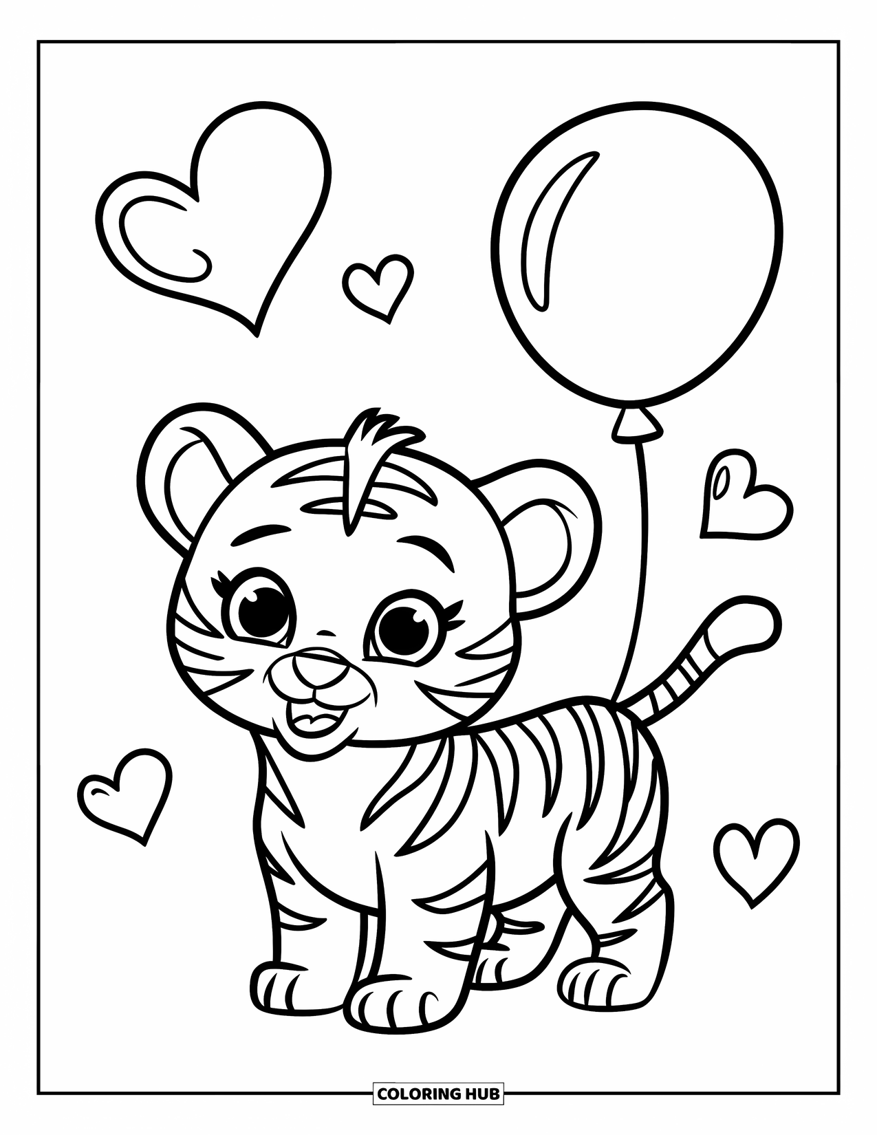 Disegno di tigre da colorare per bambini: Un simpatico cucciolo di tigre che tiene un palloncino nella coda, circondato da minuscoli cuori fluttuanti