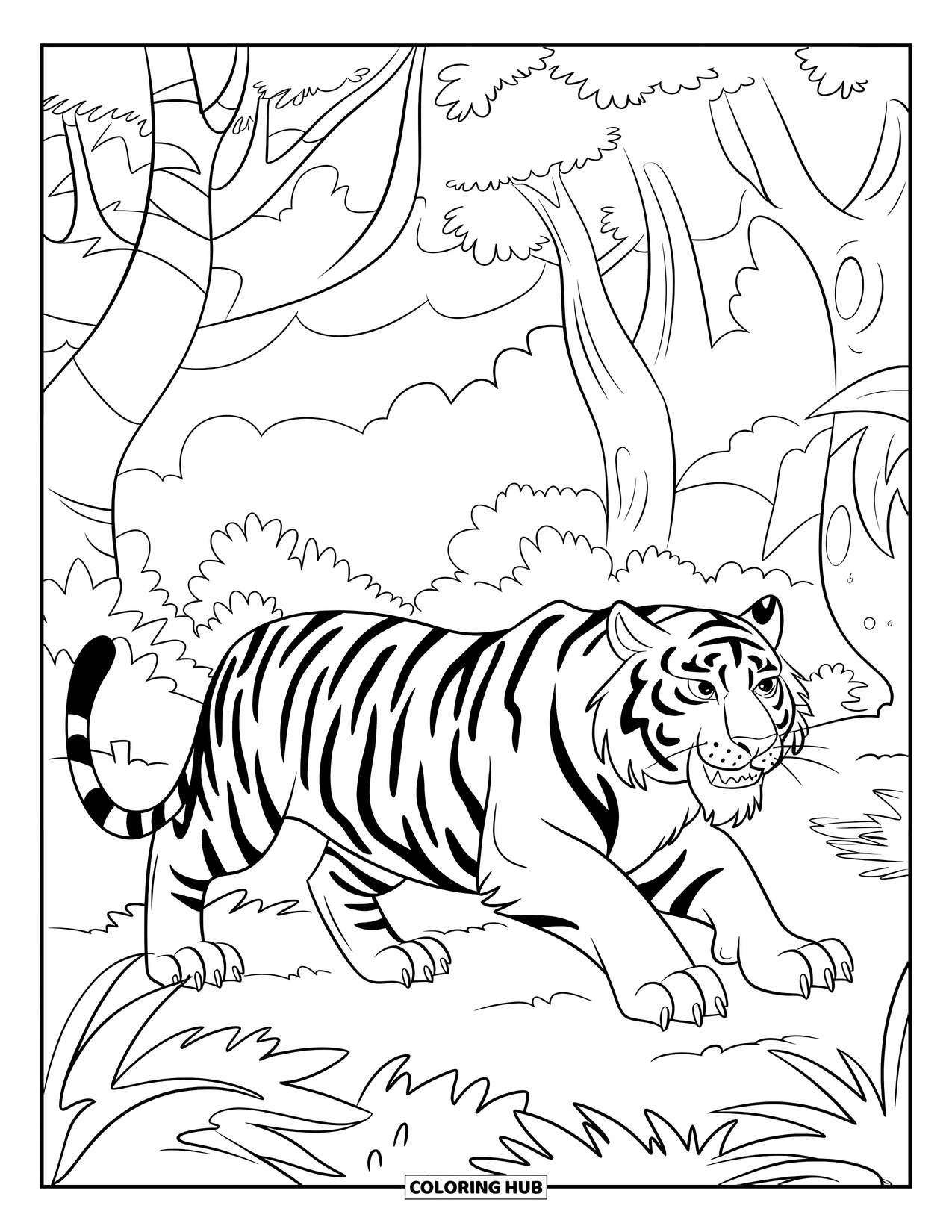 Disegno di tigre da colorare per bambini: Una tigre feroce che si aggira tra fitti alberi, i suoi occhi penetranti che scrutano il terreno