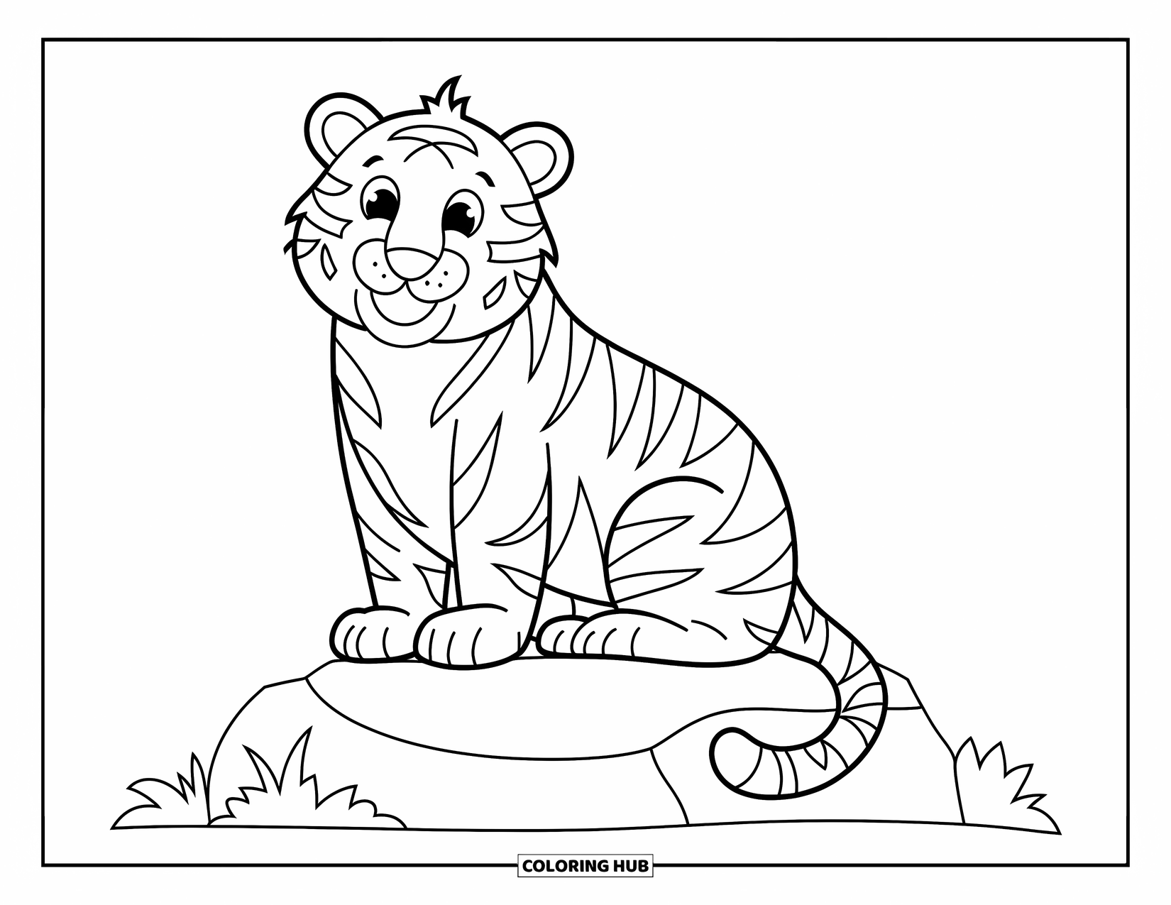 Disegno di tigre da colorare per bambini: Una tigre amichevole appollaiata su una roccia, le sue caratteristiche lisce la rendono perfetta per i bambini in età prescolare