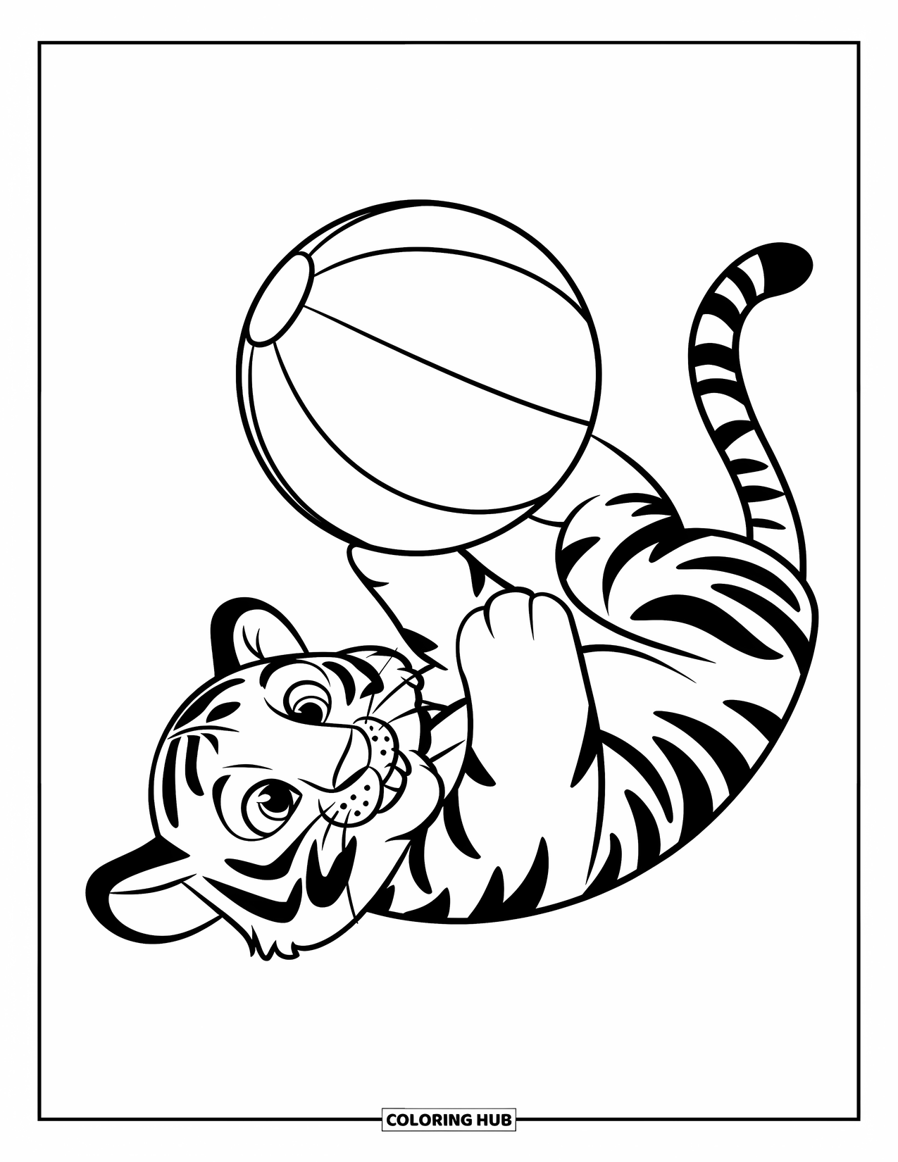 Disegno di tigre da colorare per bambini: Un cucciolo di tigre felice che lancia una palla mentre è sdraiato, con uno sfondo semplice e divertente