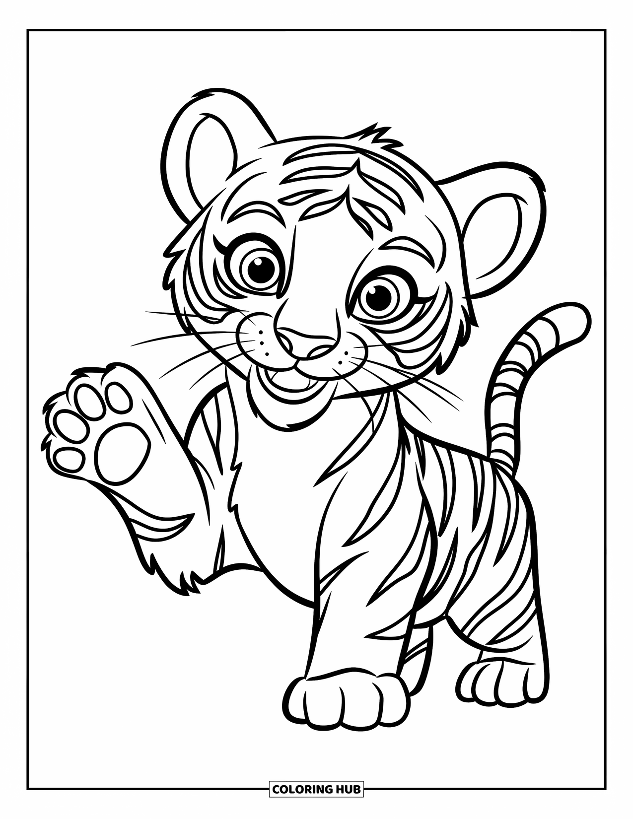Disegno di tigre da colorare per bambini: Un cucciolo di tigre felice con occhi rotondi e contorni spessi, che fa un piccolo saluto amichevole