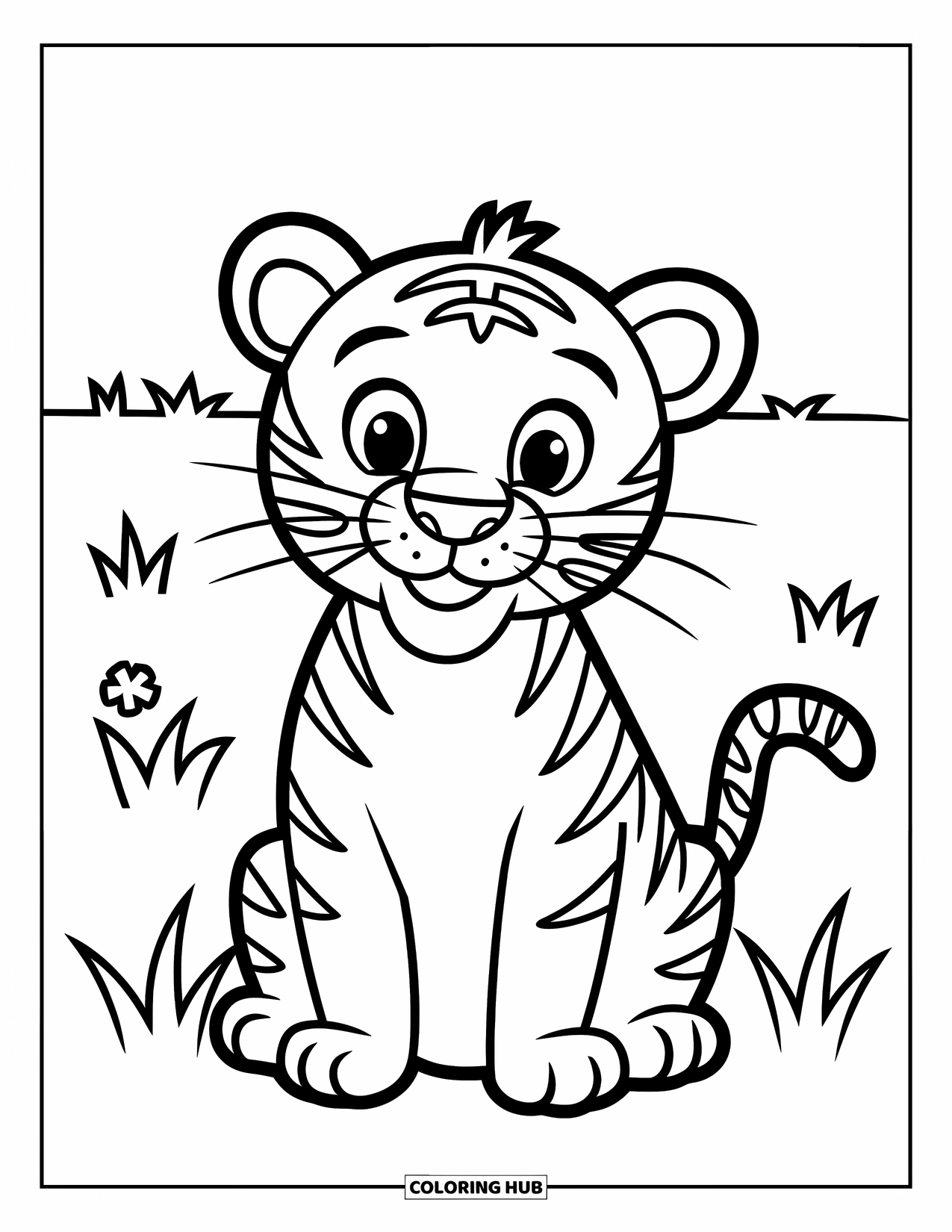 Disegno di tigre da colorare per bambini: Una tigre felice seduta in un prato erboso, progettata con forme grandi e semplici