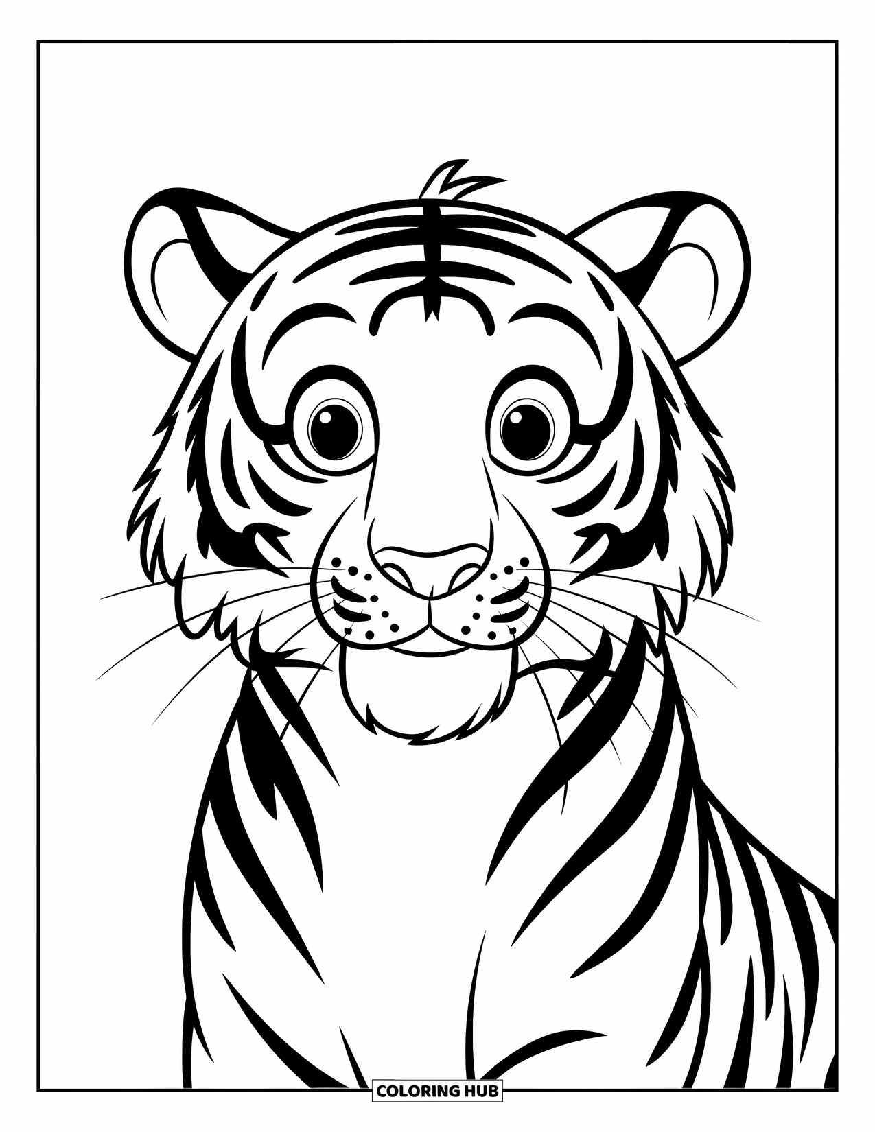 Disegno di tigre da colorare per bambini: Una tigre felice con occhi rotondi e un grande sorriso, progettata con contorni lisci e audaci