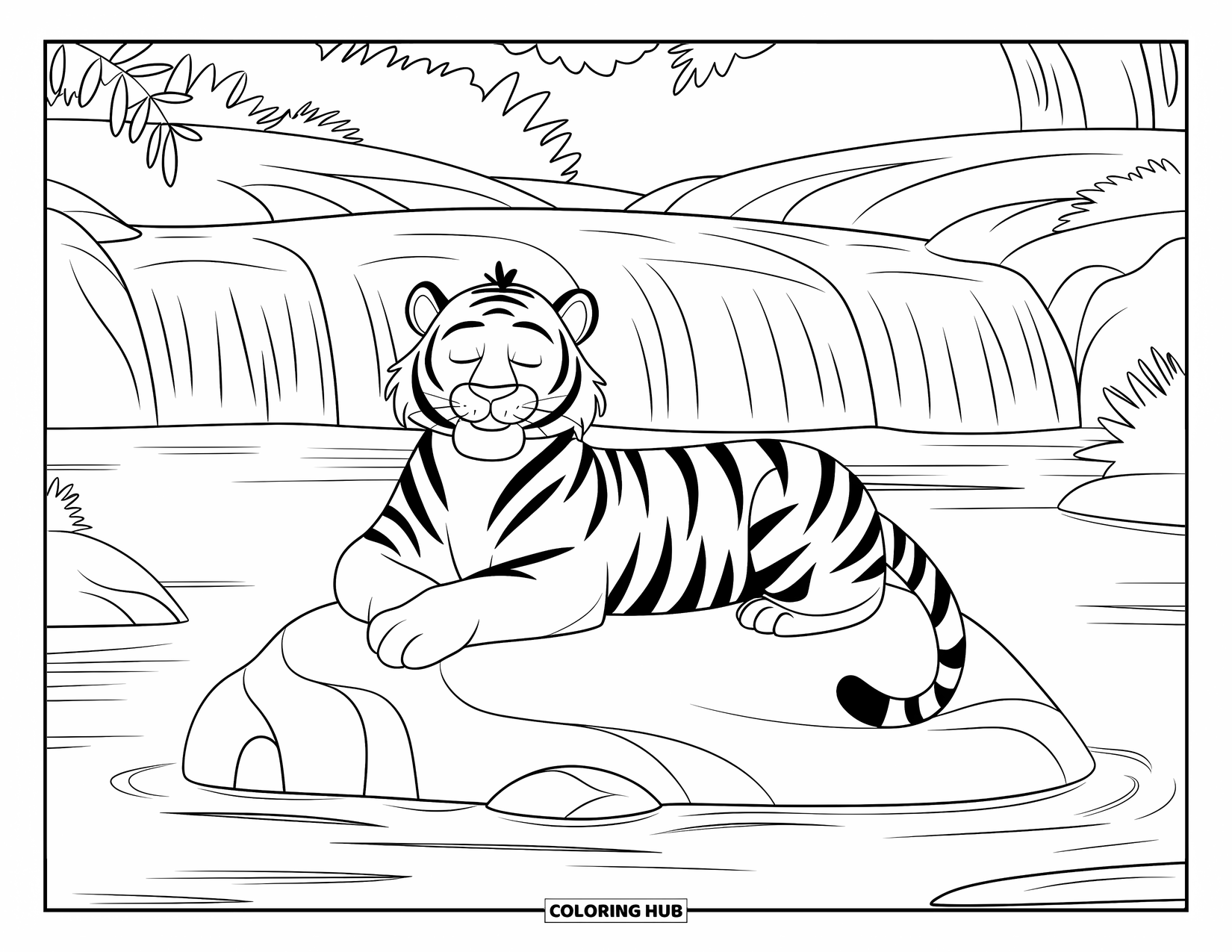 Disegno di tigre da colorare per bambini: Una tigre pacifica che riposa su una roccia, con una leggera nebbiolina proveniente dalla cascata che si alza intorno