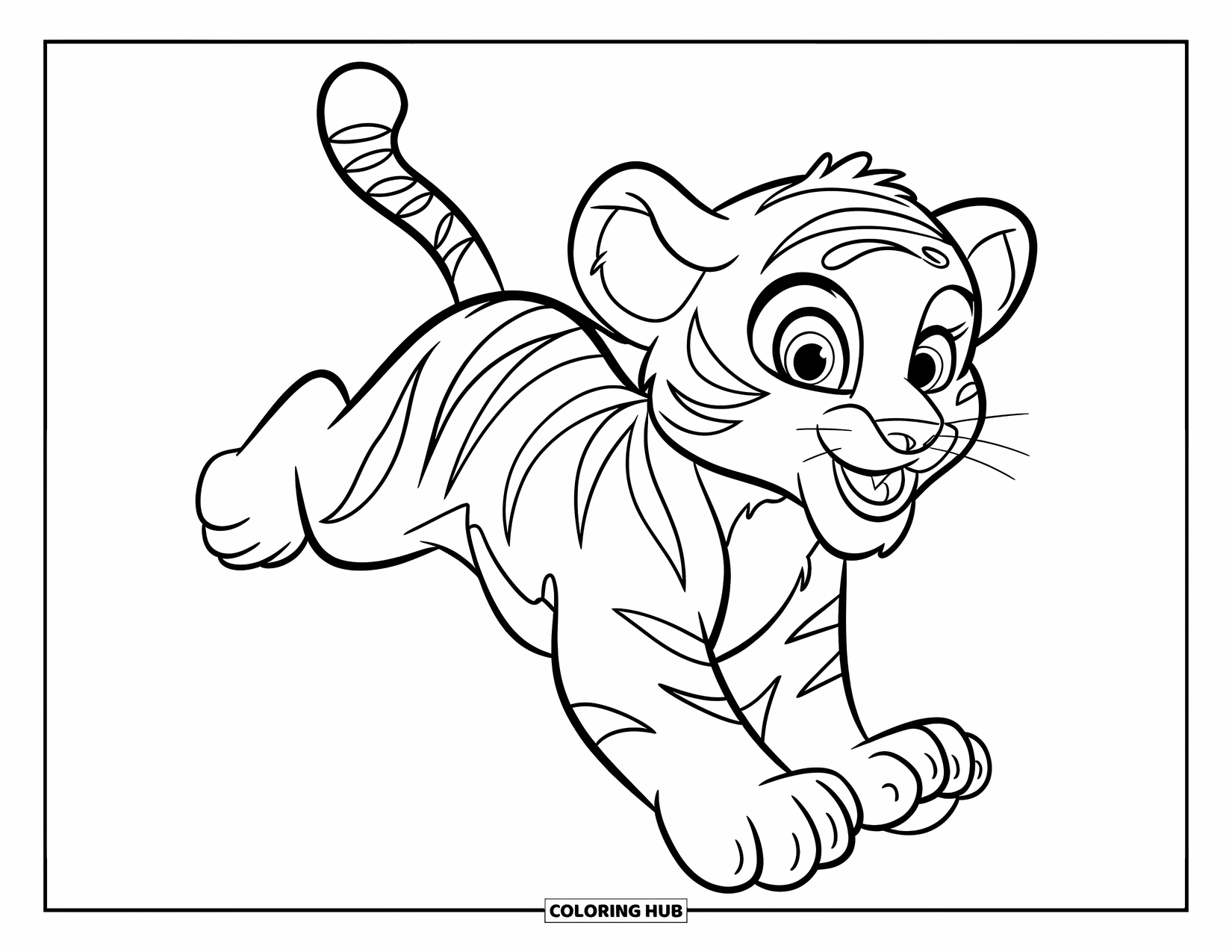 Disegno di tigre da colorare per bambini: Un cucciolo di tigre giocoso che insegue gioiosamente una farfalla con occhi spalancati e bocca aperta