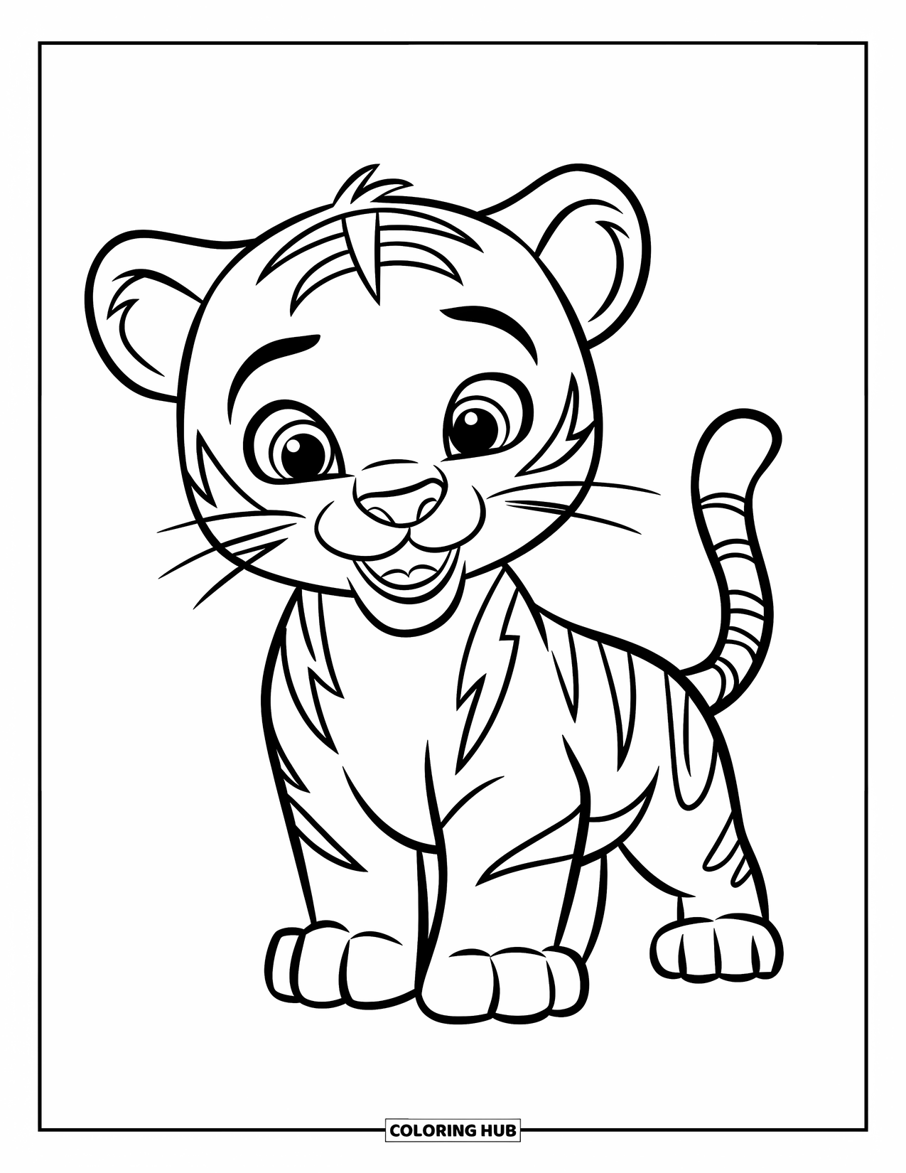 Disegno di tigre da colorare per bambini: Un cucciolo di tigre giocoso che agita una zampa, in piedi con sicurezza in una posa amichevole e invitante