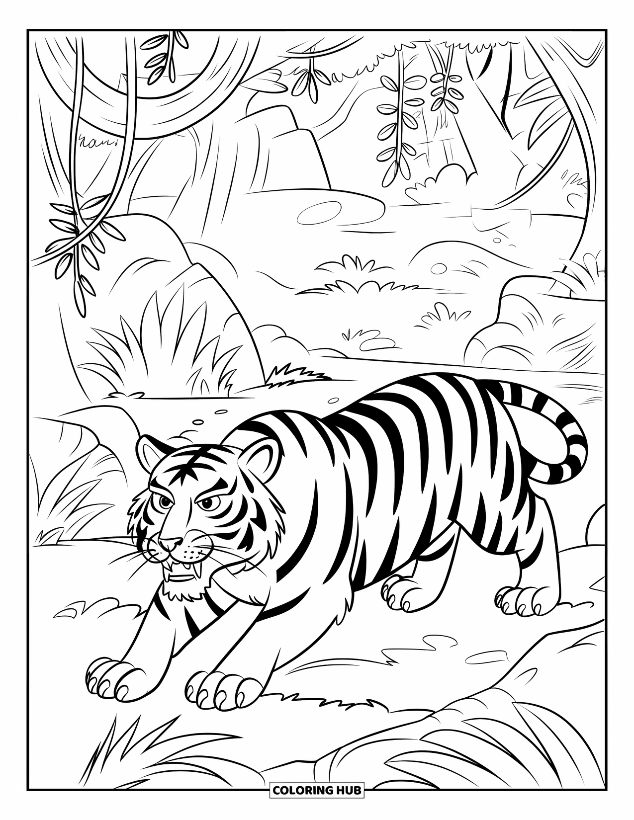 Disegno di tigre da colorare per bambini: Una potente tigre che si aggira nella giungla, con liane e ombre che circondano la sua forma