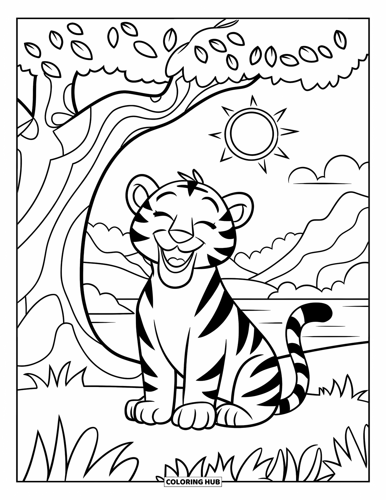 Disegno di tigre da colorare per bambini: Una tigre rilassata sdraiata sotto un albero, con gli occhi chiusi e il viso pieno di felicità
