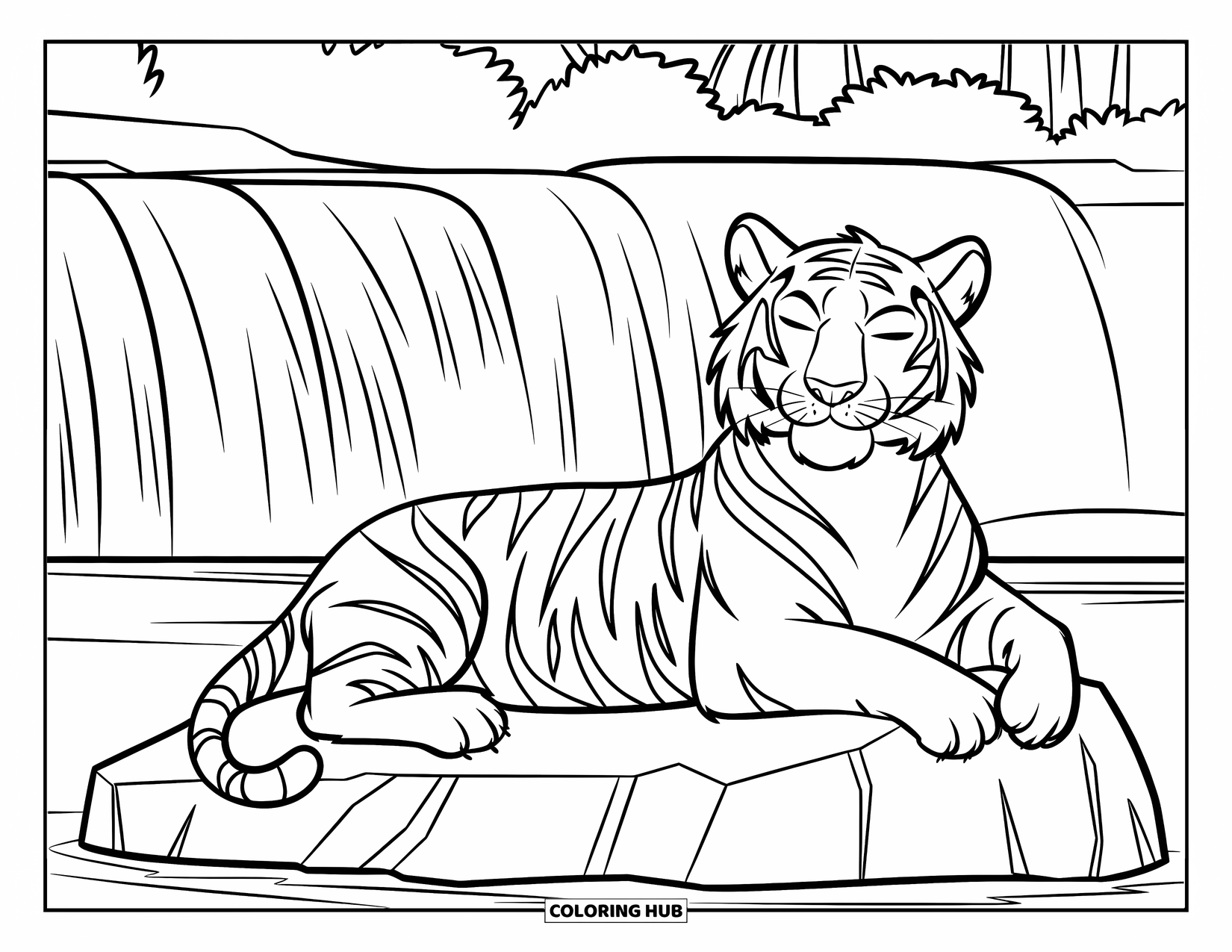 Disegno di tigre da colorare per bambini: Una tigre rilassata sdraiata su una roccia vicino a una cascata, che si gode la leggera nebbiolina nell'aria