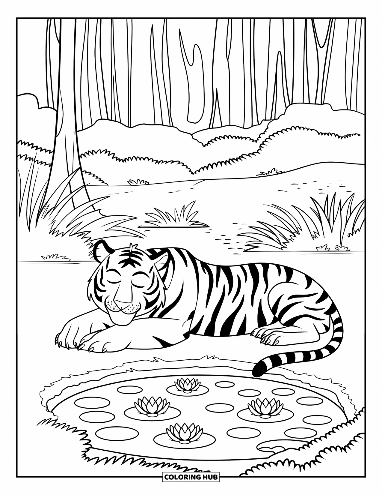 Disegno di tigre da colorare per bambini: Una tigre rilassata che riposa vicino a uno stagno, circondata da ninfee e verde lussureggiante