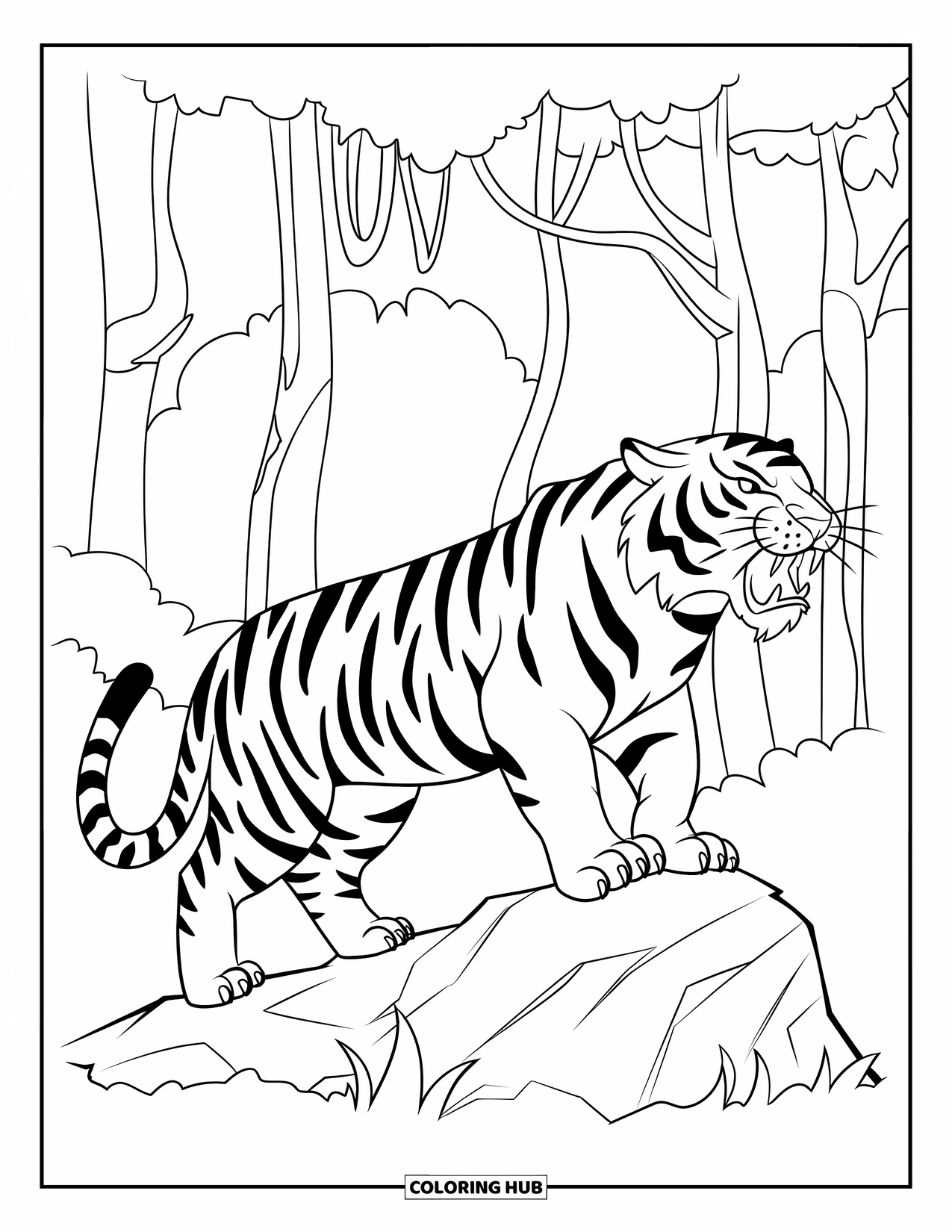Disegno di tigre da colorare per bambini: Una tigre ruggente in piedi su una roccia, con uno scenario di giungla fitta dietro di essa
