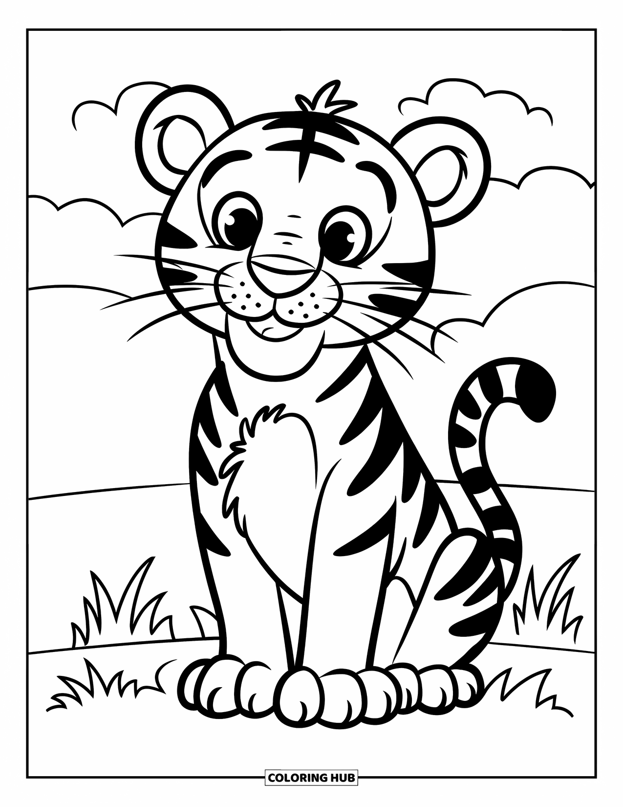 Disegno di tigre da colorare per bambini: Una tigre sorridente seduta in un campo erboso, circondata da alcune nuvole sparse in alto