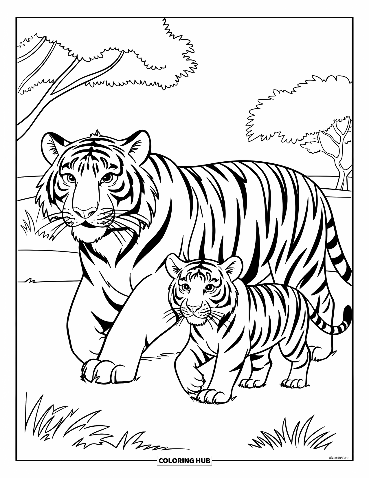 Disegno di tigre da colorare per bambini: Una tigre e il suo cucciolo che passeggiano per la savana, camminando fianco a fianco sotto il caldo sole