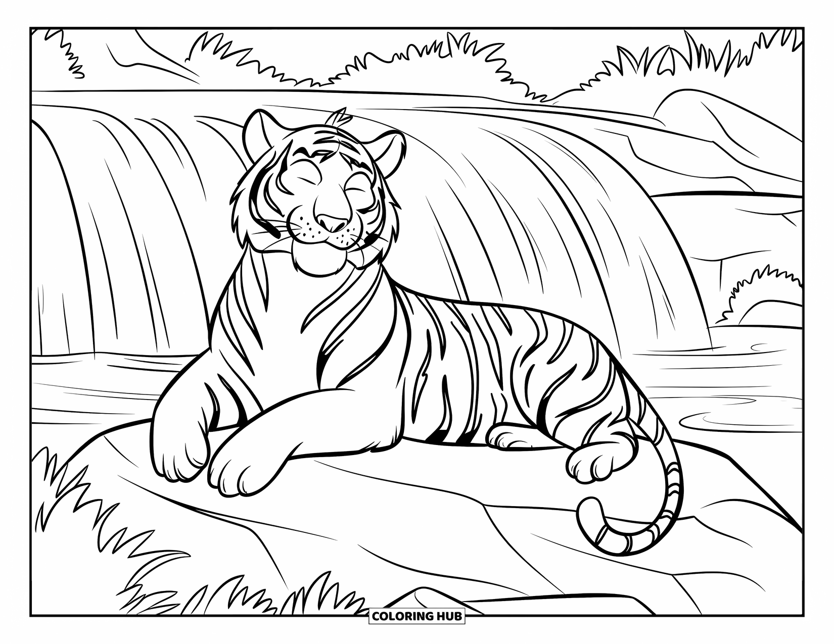 Disegno di tigre da colorare per bambini: Una tigre che si crogiola al sole su una roccia, con una cascata che scorre con grazia dietro