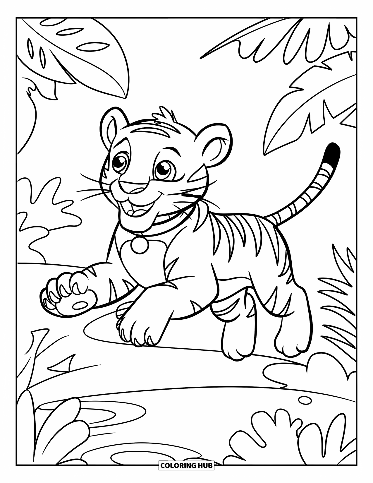 Disegno di tigre da colorare per bambini: Una tigre che rimbalza attraverso una giungla vibrante, i suoi occhi spalancati pieni di eccitazione