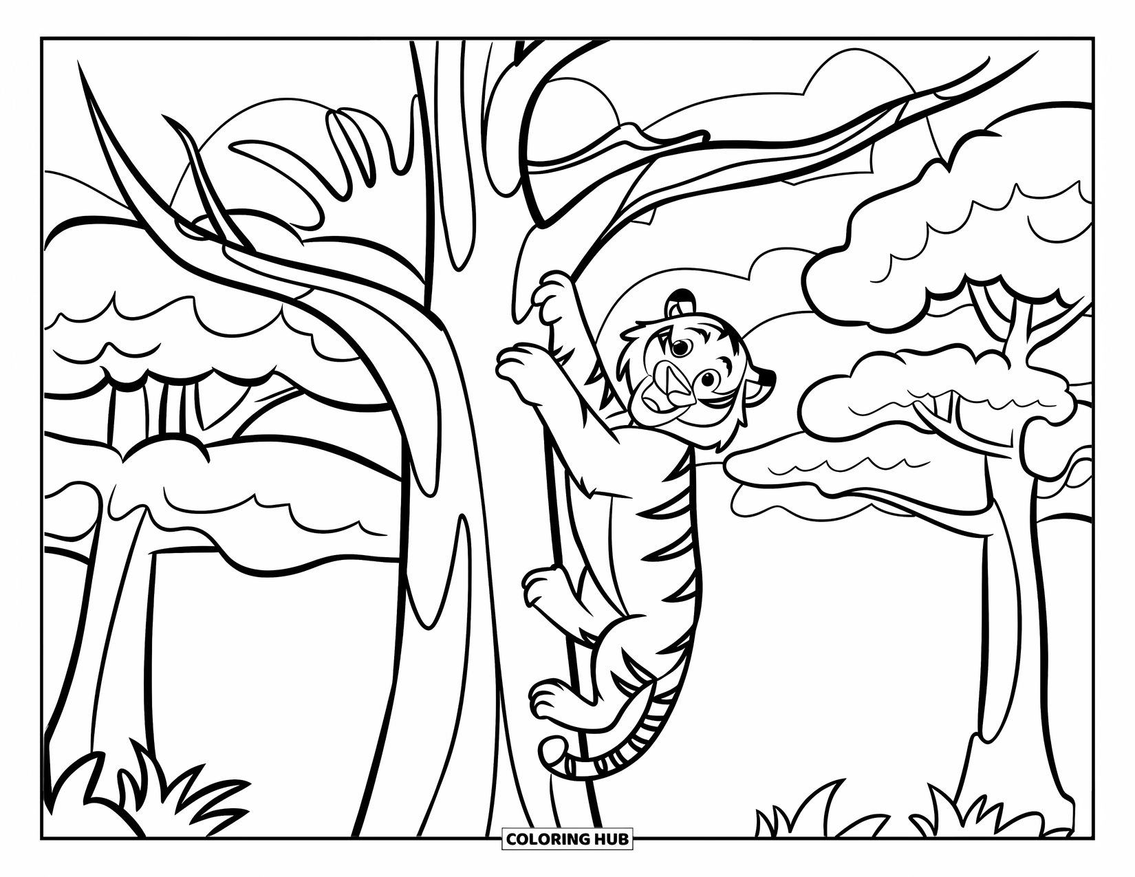 Disegno di tigre da colorare per bambini: Un cucciolo di tigre aggrappato a un ramo di un albero, con uno sfondo semplice e allegro