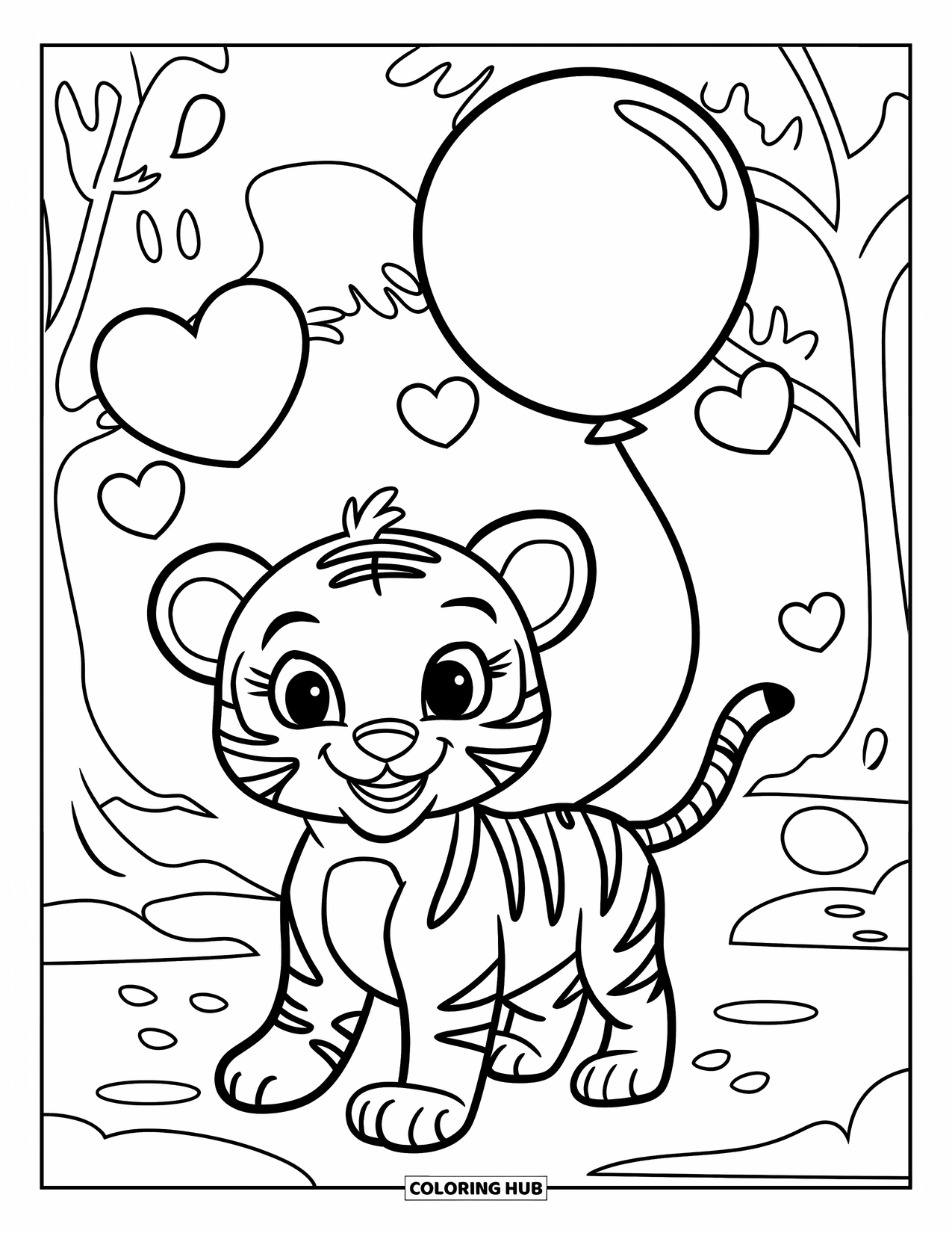 Disegno di tigre da colorare per bambini: Un cucciolo di tigre che gioca felicemente con un palloncino, circondato da alberi alti e un ambiente tranquillo