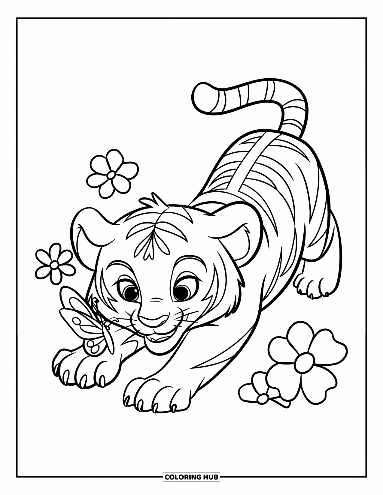 Disegno di tigre da colorare per bambini: Un cucciolo di tigre che balza in aria, la sua energia giocosa focalizzata su una farfalla svolazzante