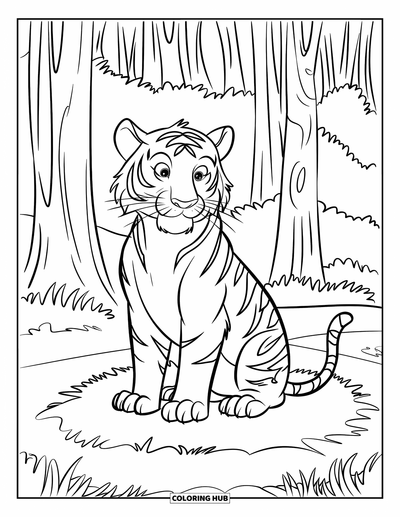 Disegno di tigre da colorare per bambini: Una tigre che guarda pacificamente in lontananza, circondata da alberi e verde tranquillo