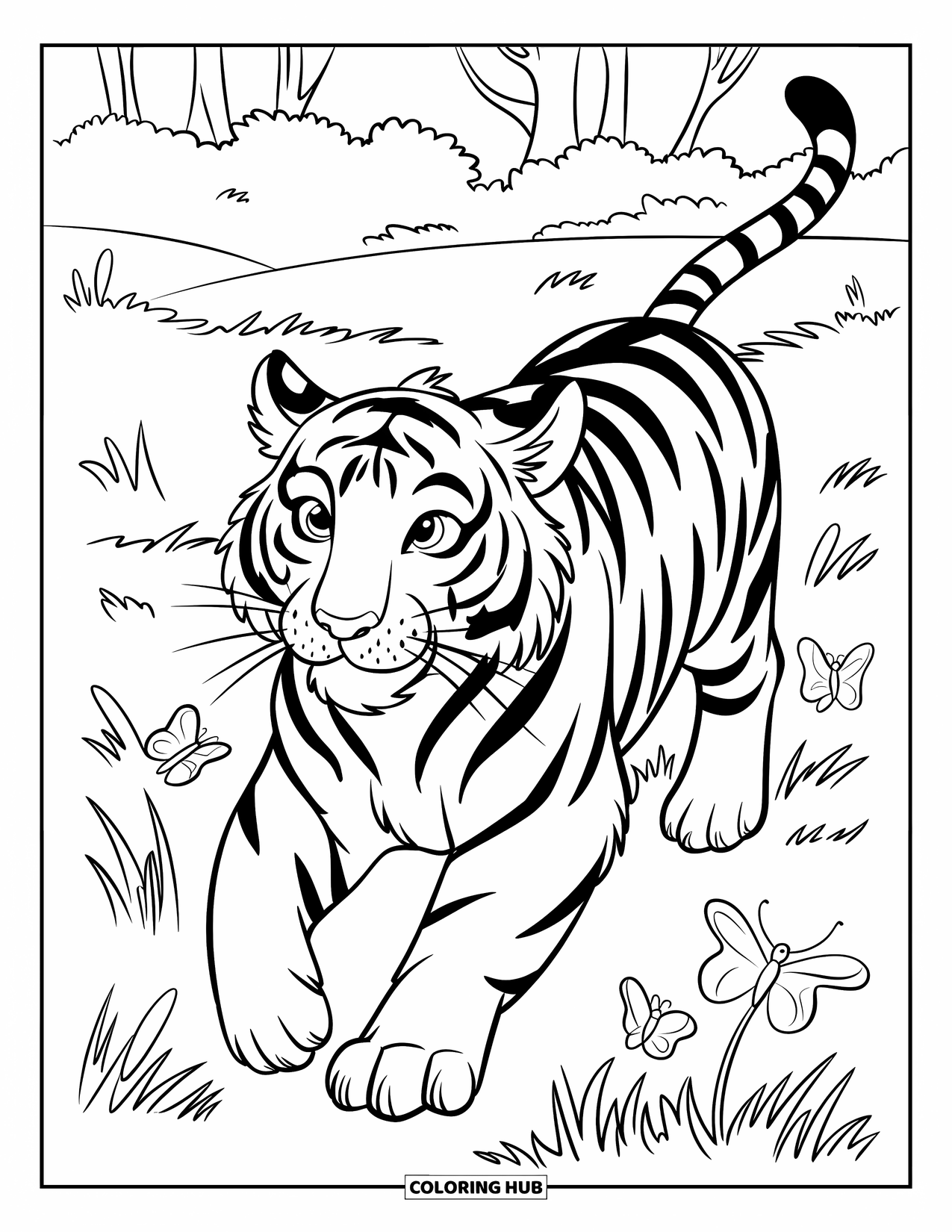 Disegno di tigre da colorare per bambini: Una tigre che corre gioiosamente attraverso un prato, con farfalle che volano nell'aria