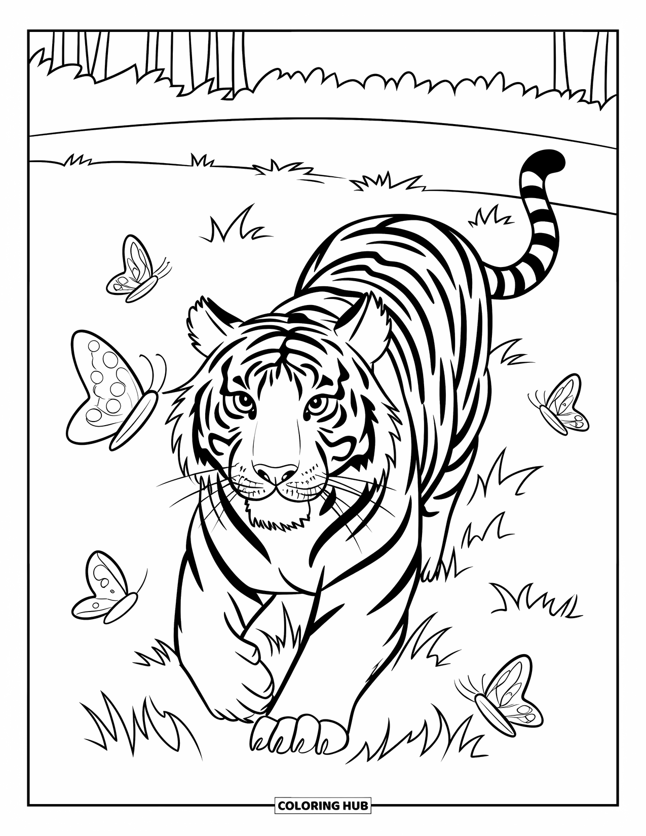 Disegno di tigre da colorare per bambini: Una tigre che salta nell'erba, circondata da farfalle svolazzanti e dolci brezze