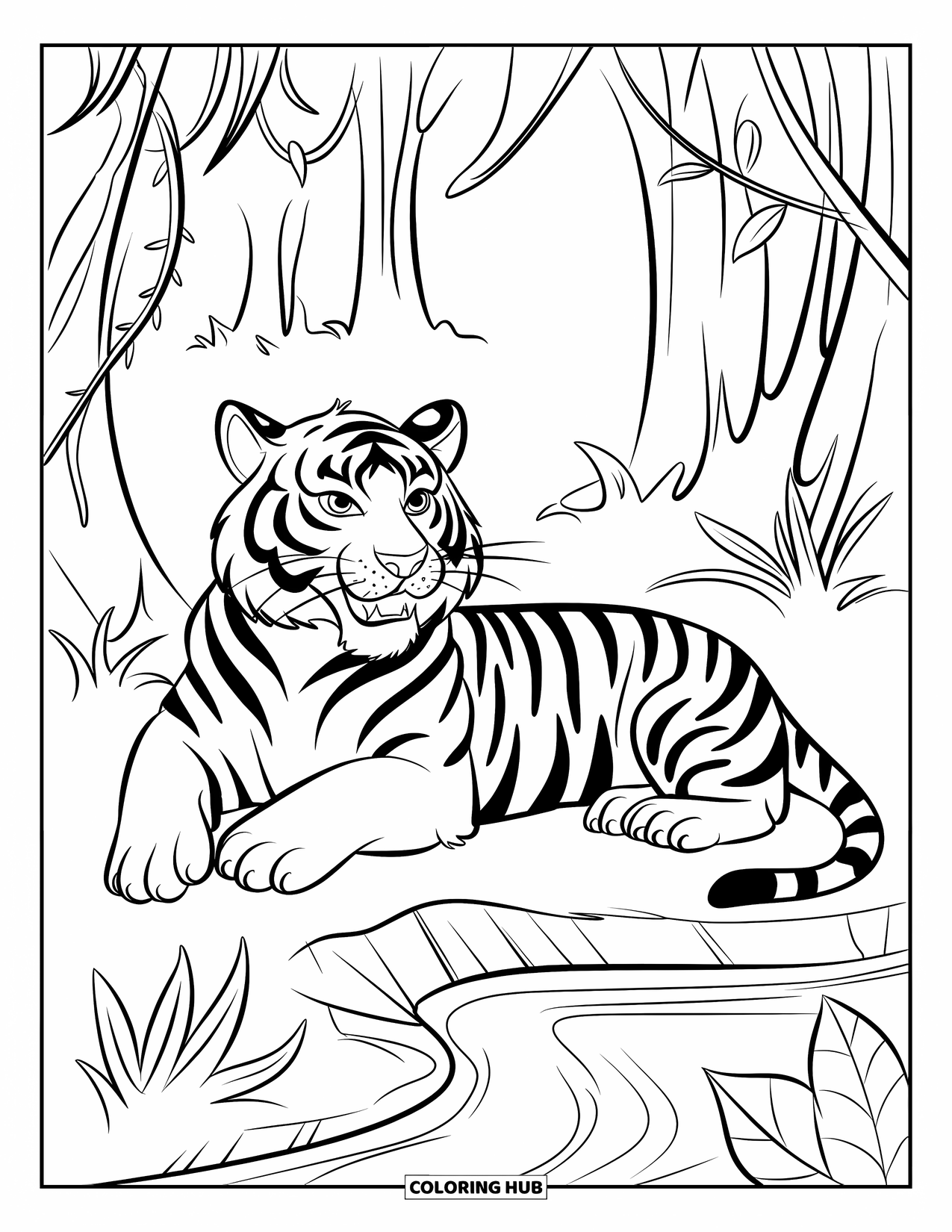 Disegno di tigre da colorare per bambini: Una tigre sdraiata vicino a un piccolo ruscello nella giungla, circondata da alberi e fitte liane