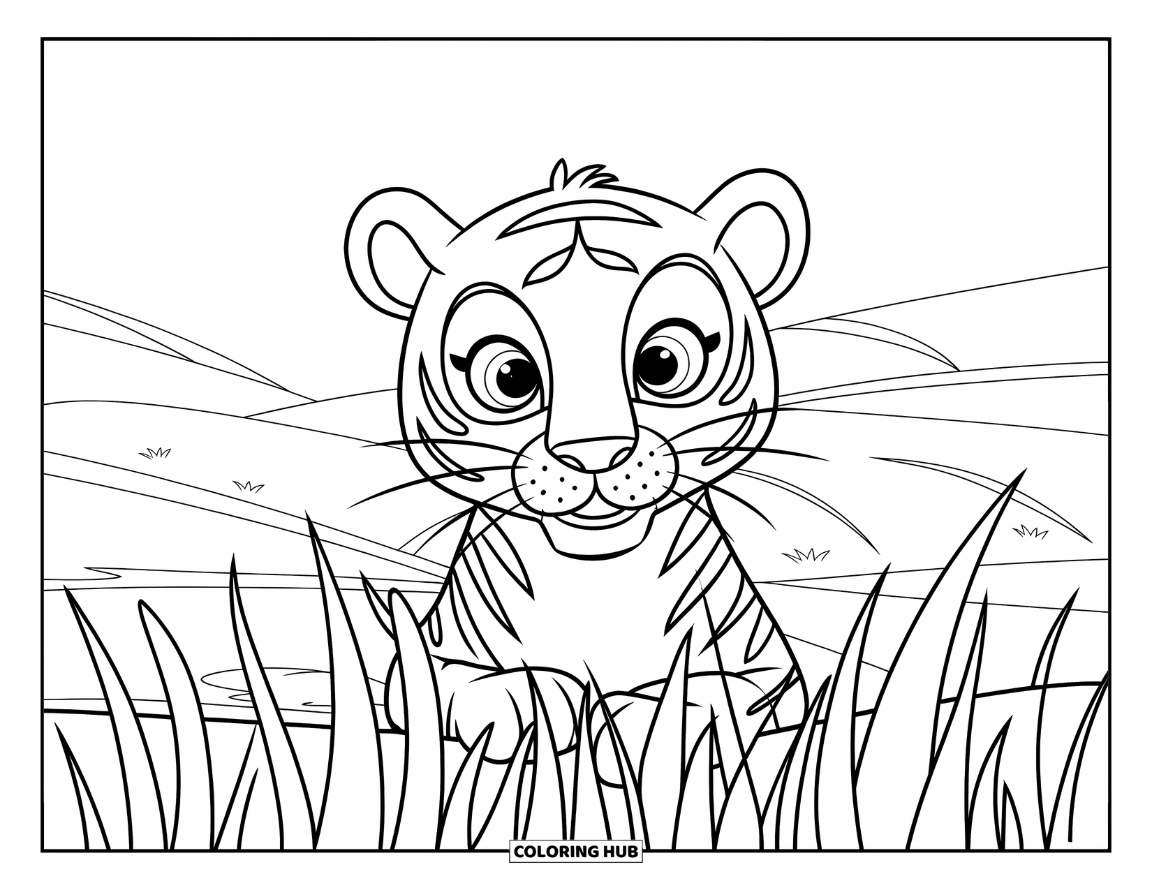 Disegno di tigre da colorare per bambini: Una tigre che sbircia fuori dall'erba alta, i suoi grandi occhi che osservano il mondo con curiosità