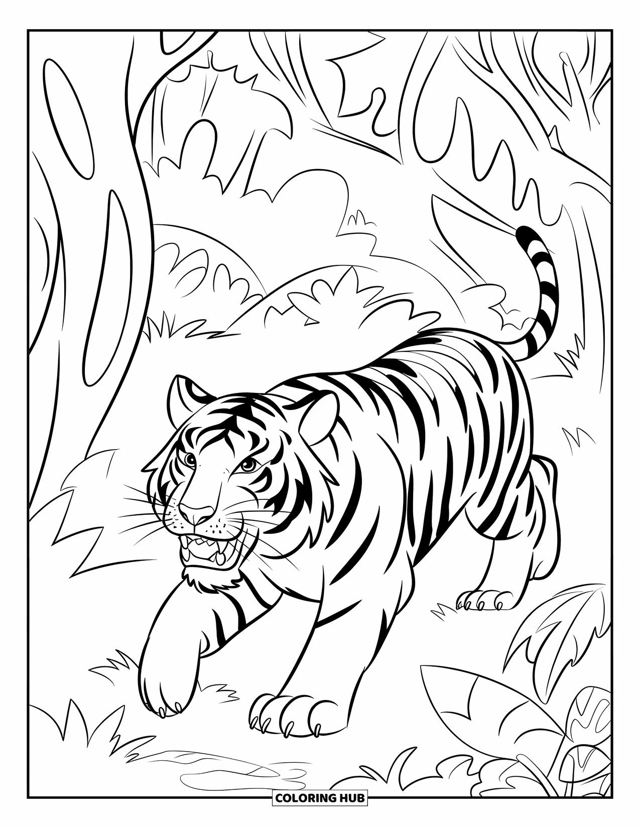 Disegno di tigre da colorare per bambini: Una tigre che si aggira nella giungla, il suo sguardo acuto che taglia attraverso il fitto fogliame